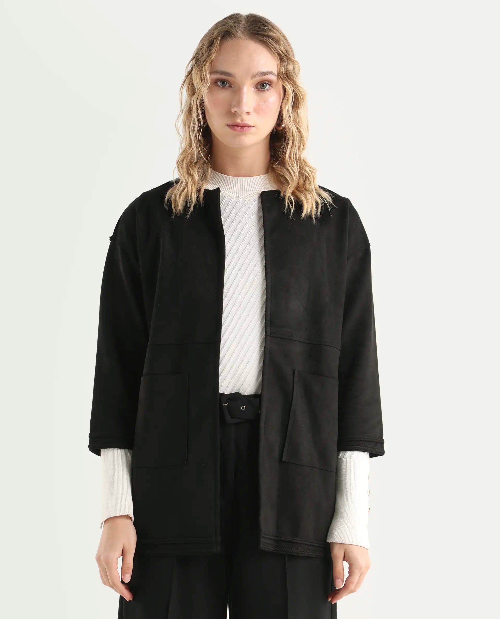 Rareism Women's Square Black Polyester Boat Neck Plain Regular Fit Jacket