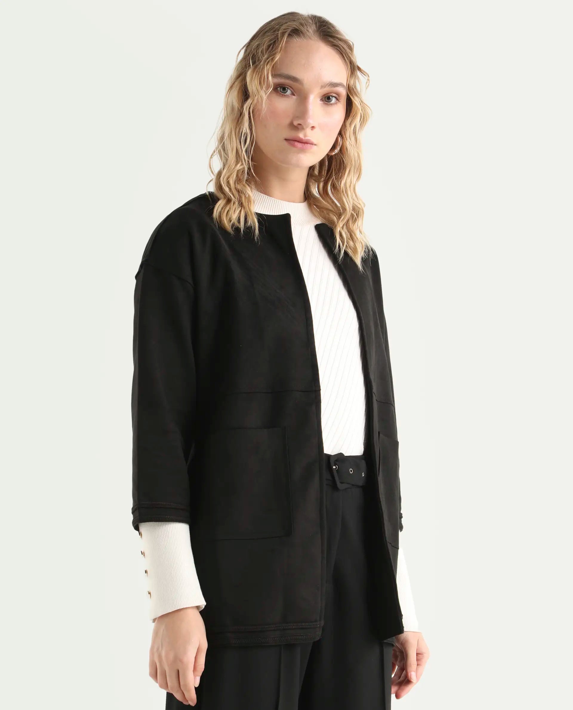 Rareism Women's Square Black Polyester Boat Neck Plain Regular Fit Jacket