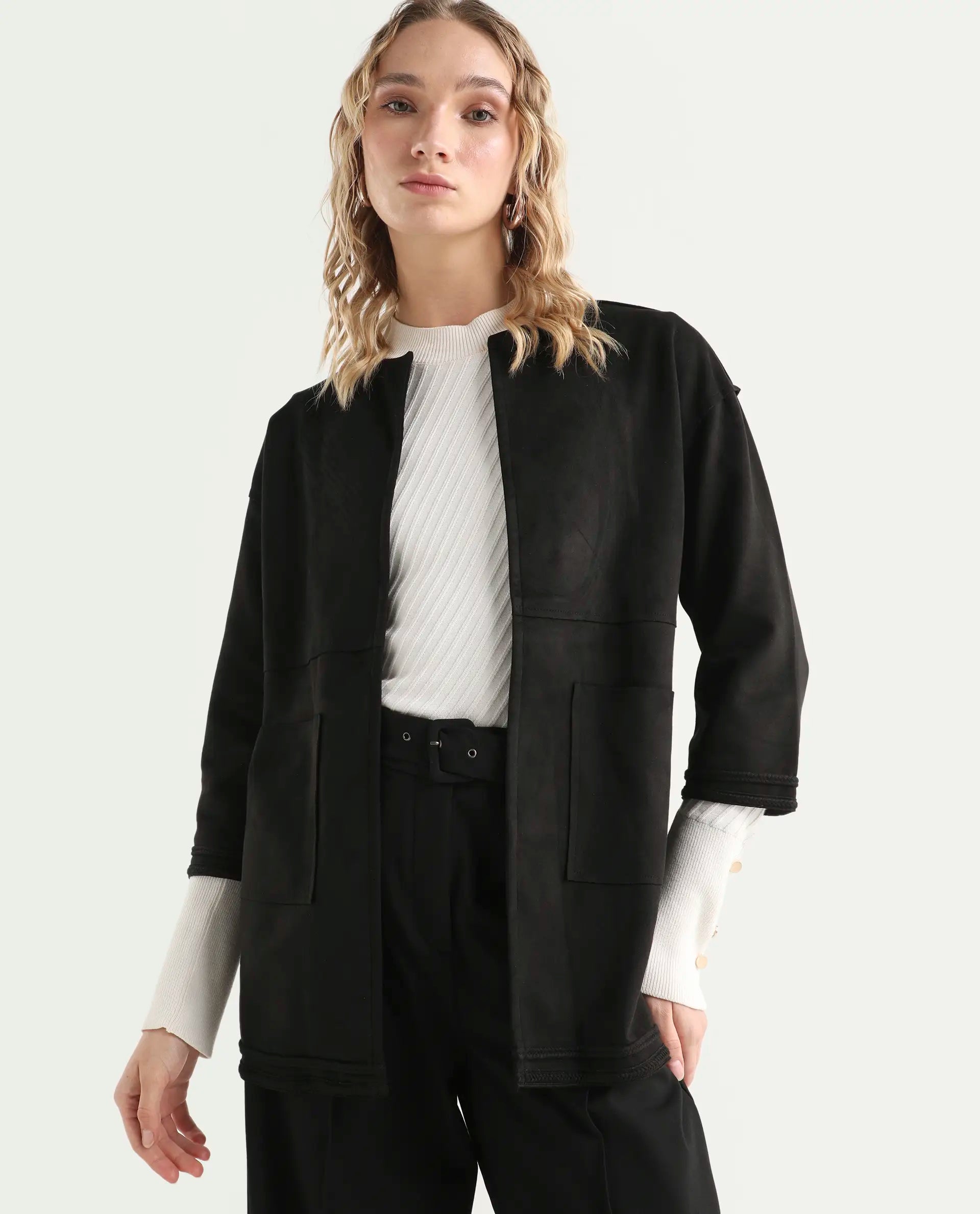 Rareism Women's Square Black Polyester Boat Neck Plain Regular Fit Jacket