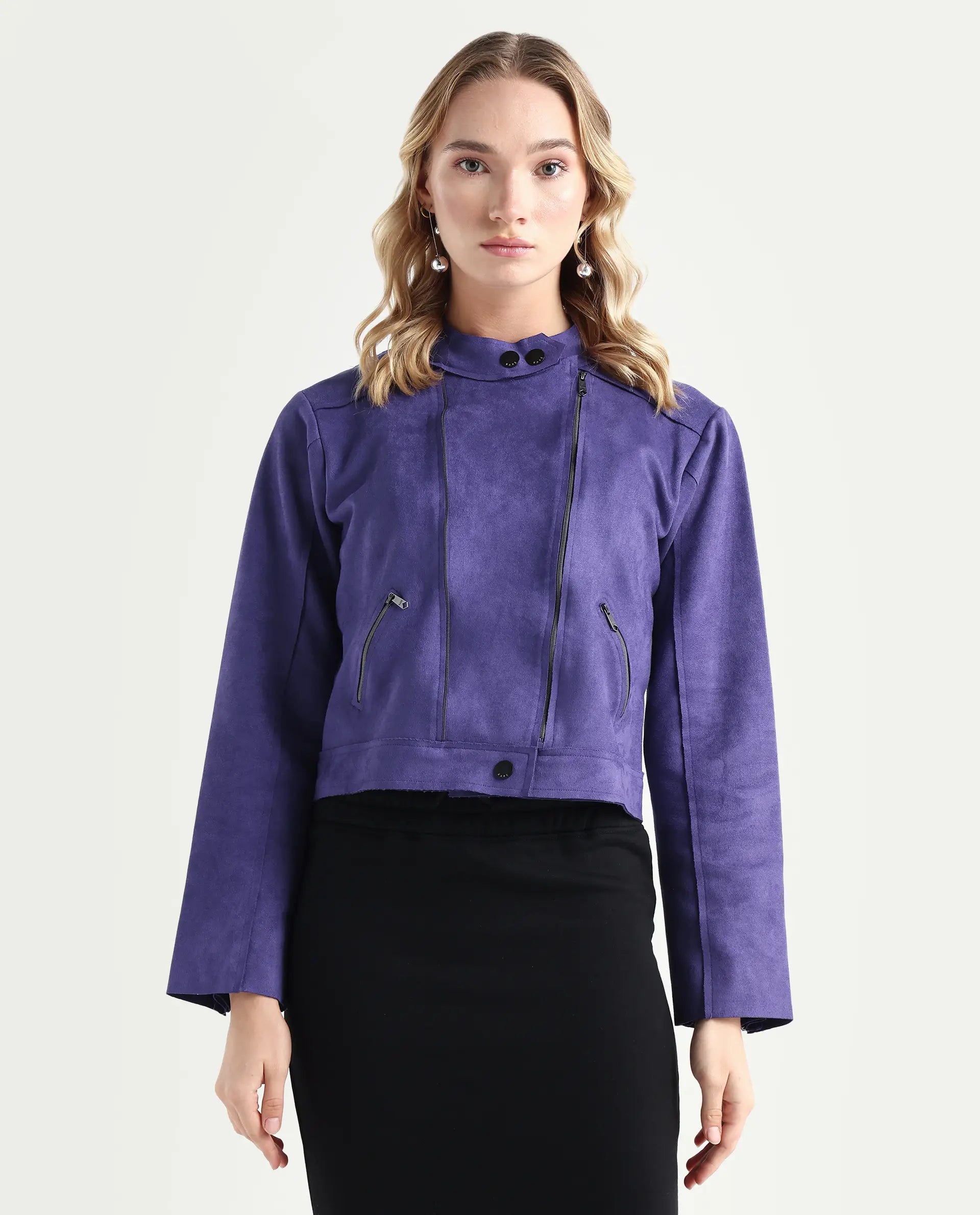 Rareism Women's Everlee Purple Polyester Mandarin Collar Plain Regular Fit Jacket