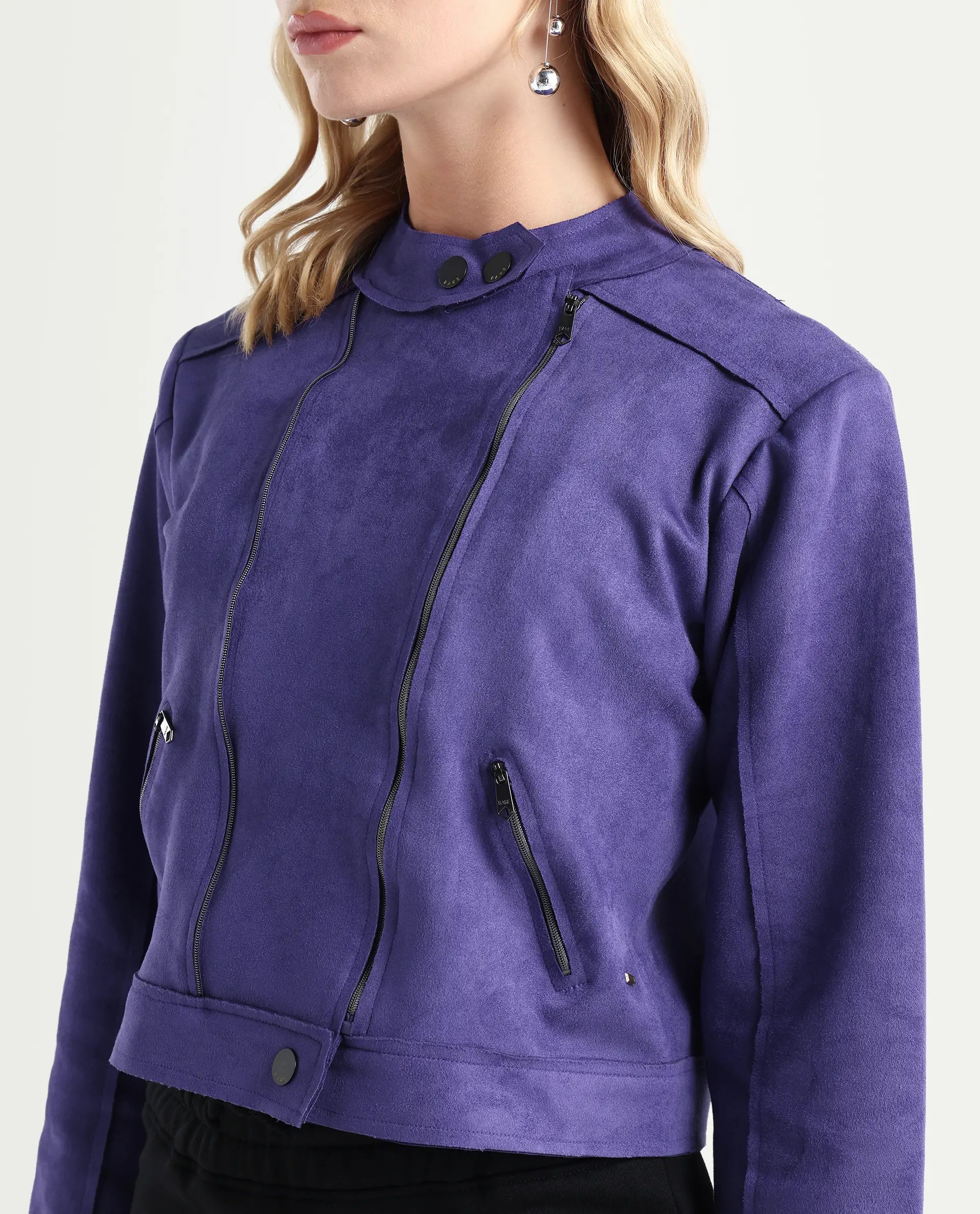 Rareism Women's Everlee Purple Polyester Mandarin Collar Plain Regular Fit Jacket