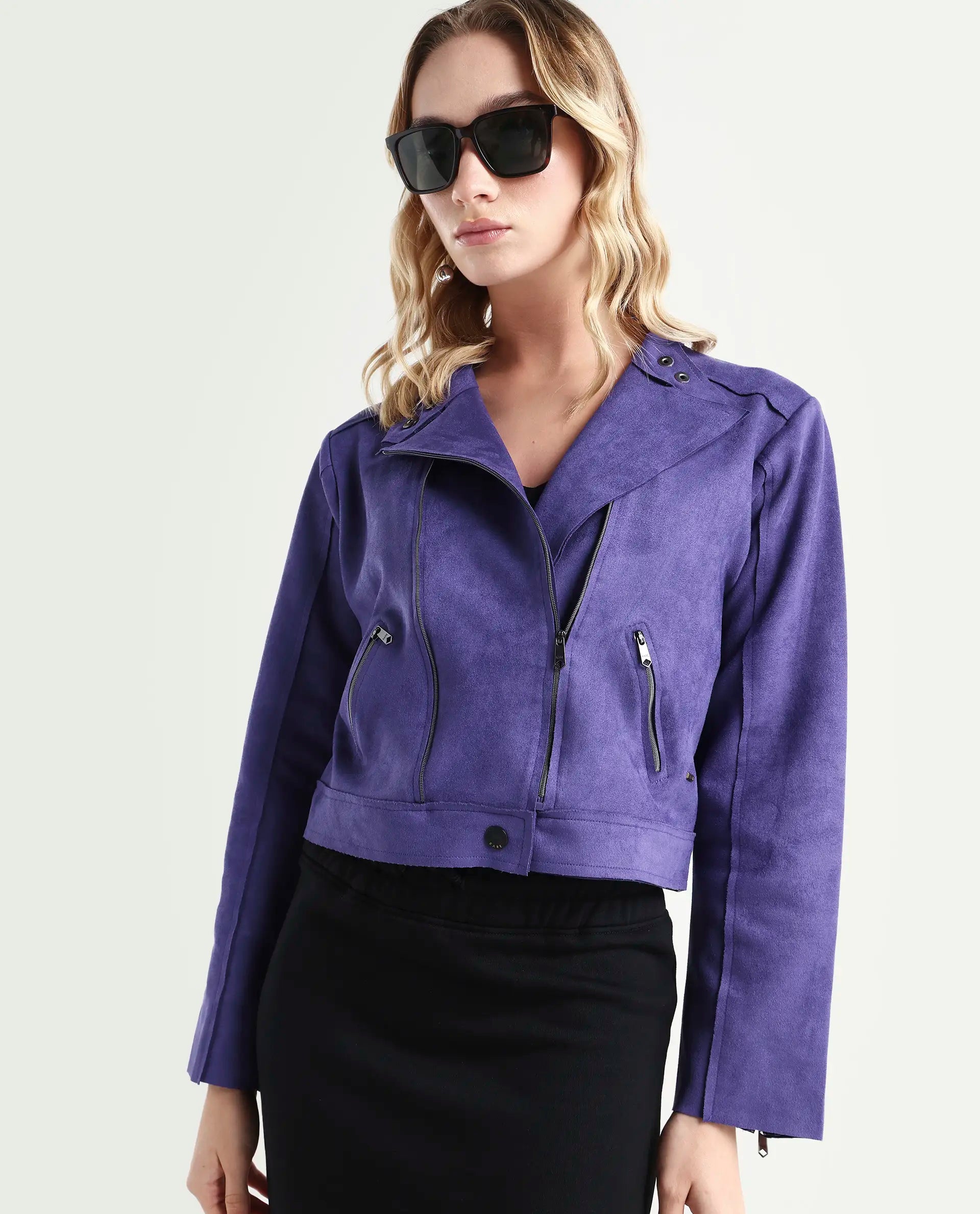 Rareism Women's Everlee Purple Polyester Mandarin Collar Plain Regular Fit Jacket