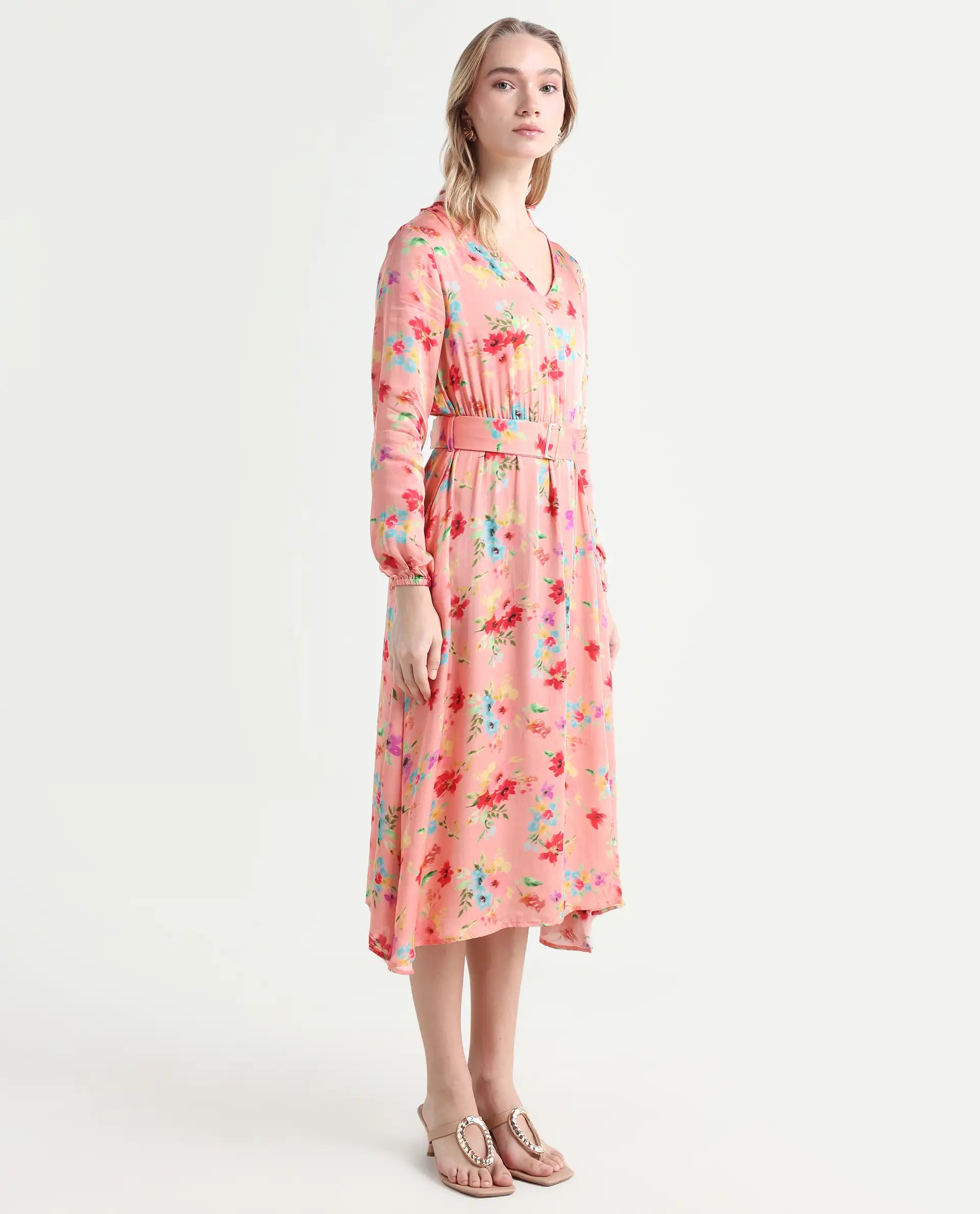 Rareism Women's Tuna Peach Viscose Blend V-Neck Floral Print Knee Length Regular Fit Dress