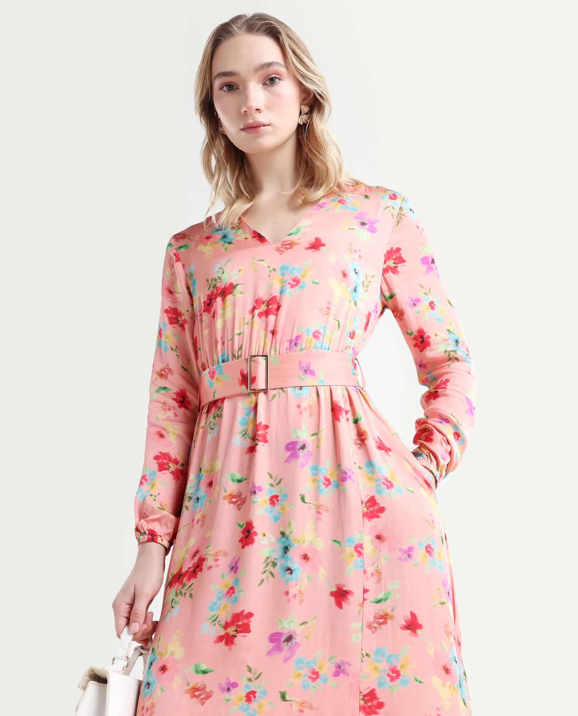 Rareism Women's Tuna Peach Viscose Blend V-Neck Floral Print Knee Length Regular Fit Dress