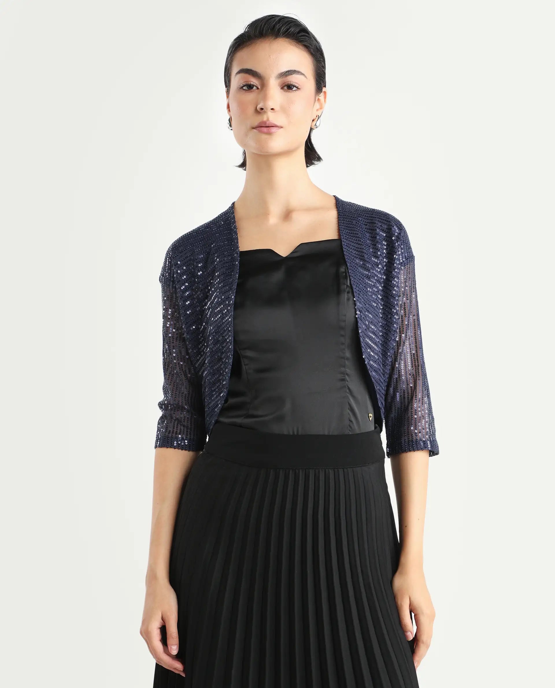 Rareism Women's Agog Blue Nylon Collarless Sequined Knee Length Regular Fit Shrug