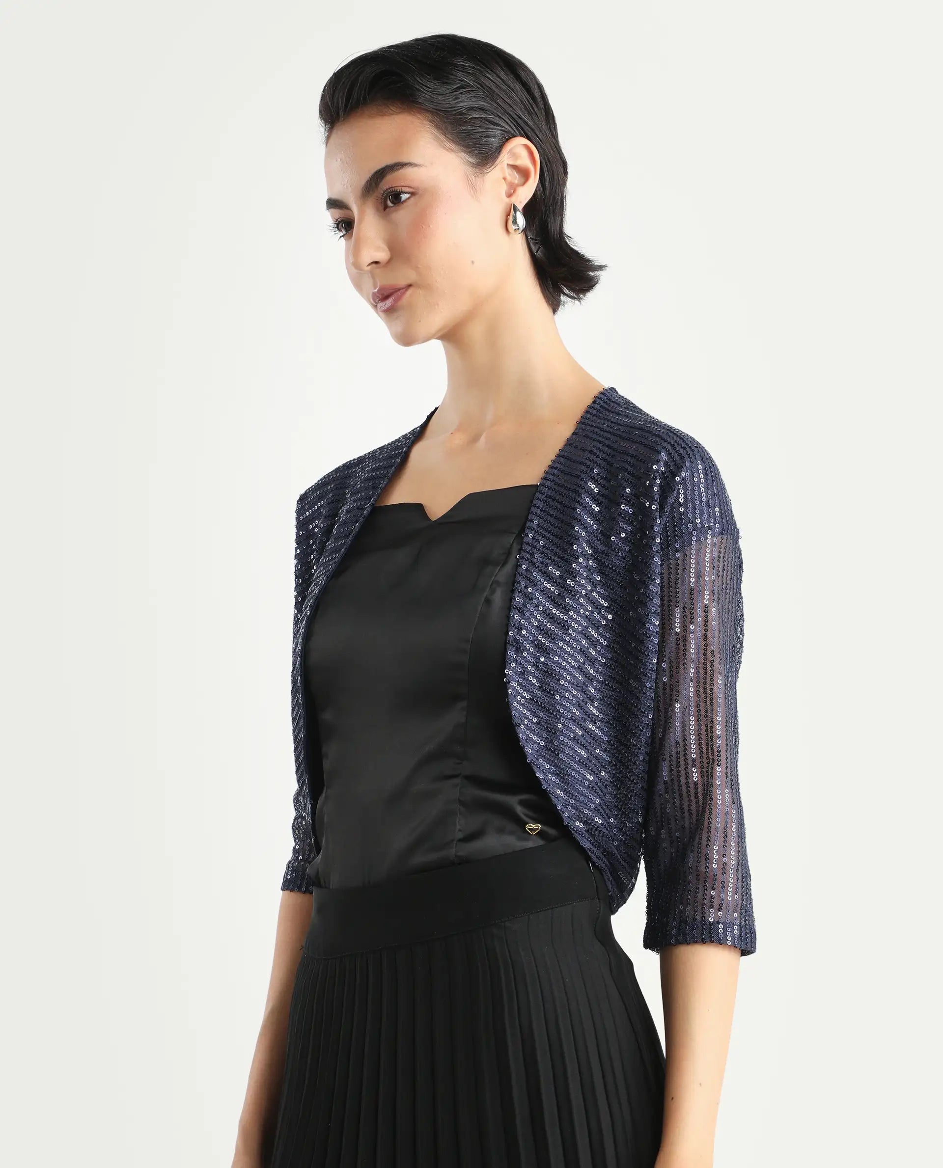 Rareism Women's Agog Blue Nylon Collarless Sequined Knee Length Regular Fit Shrug