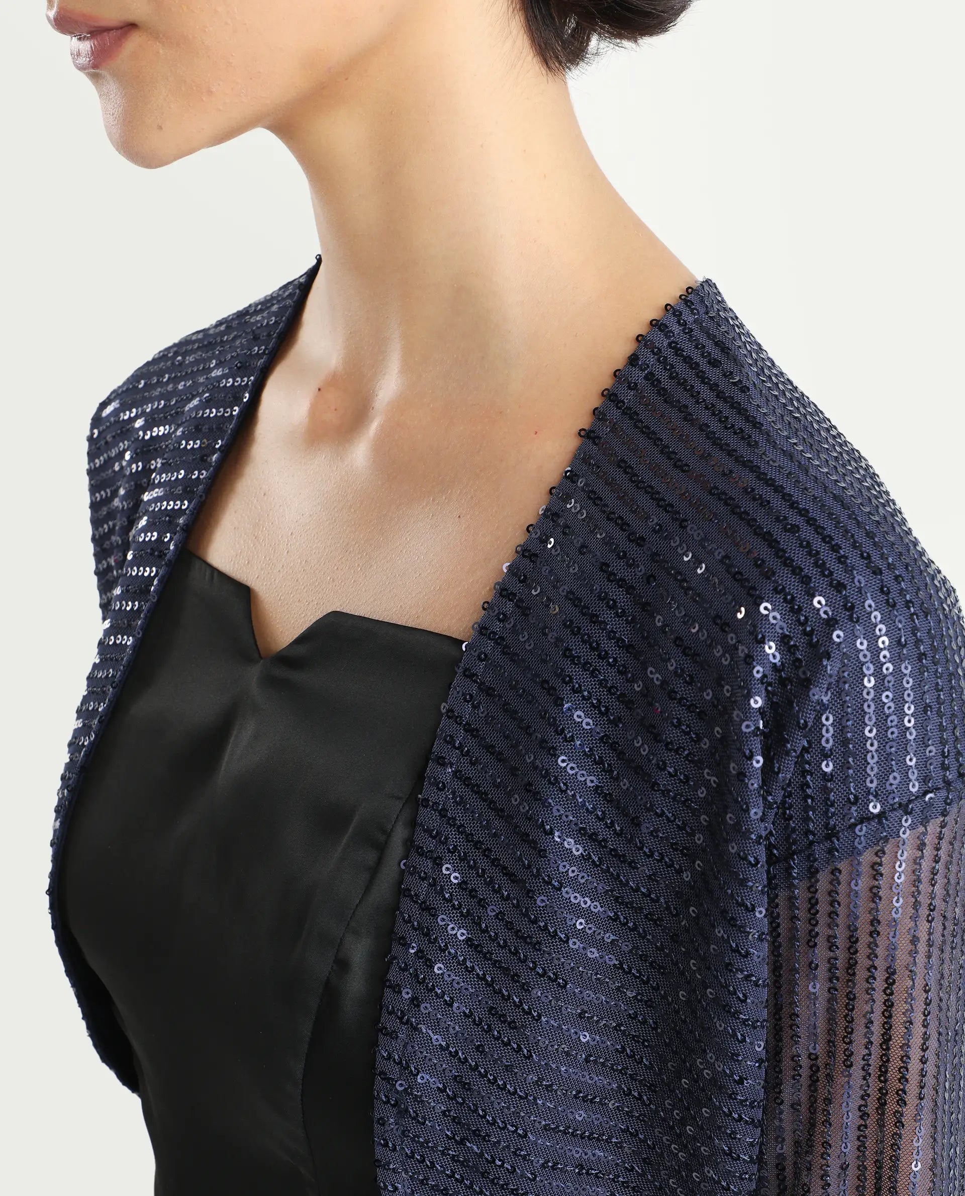 Rareism Women's Agog Blue Nylon Collarless Sequined Knee Length Regular Fit Shrug