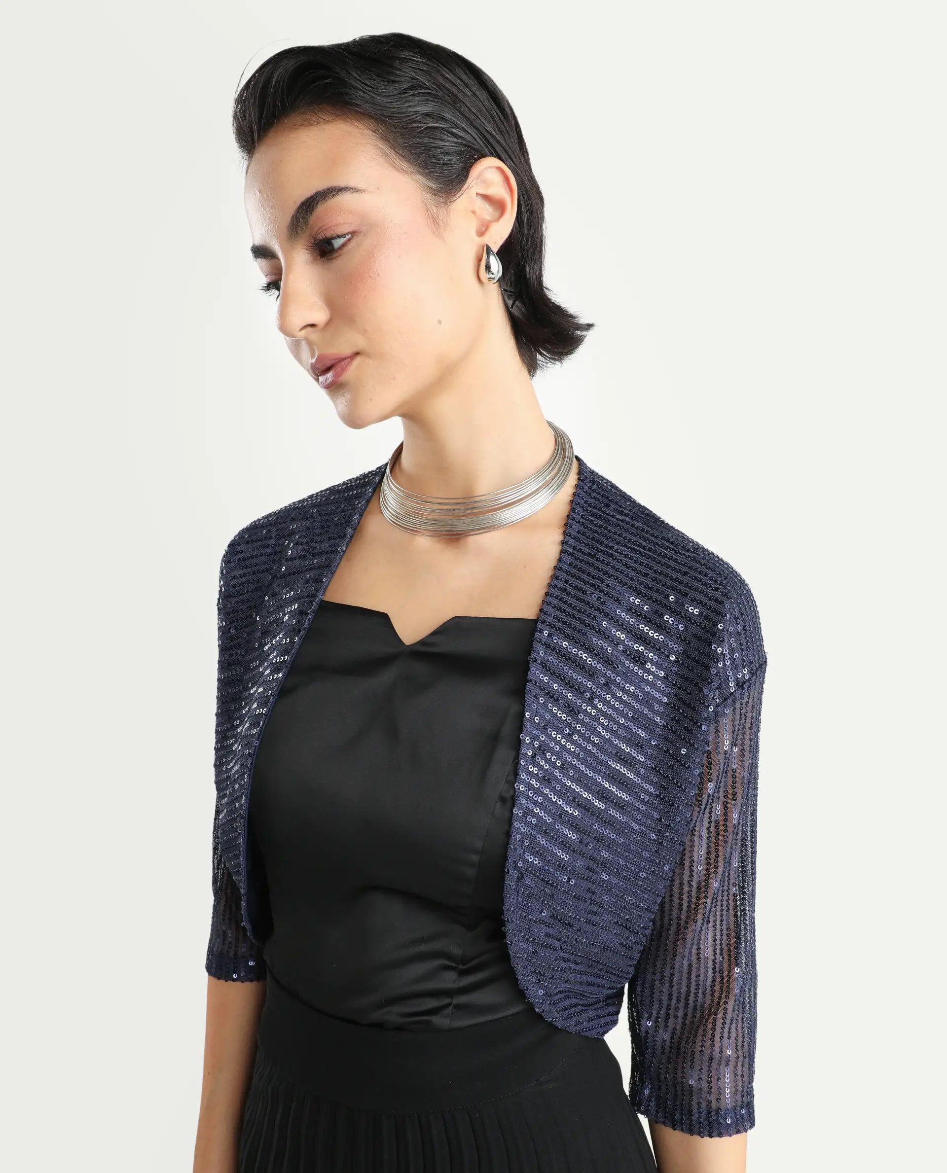 Rareism Women's Agog Blue Nylon Collarless Sequined Knee Length Regular Fit Shrug