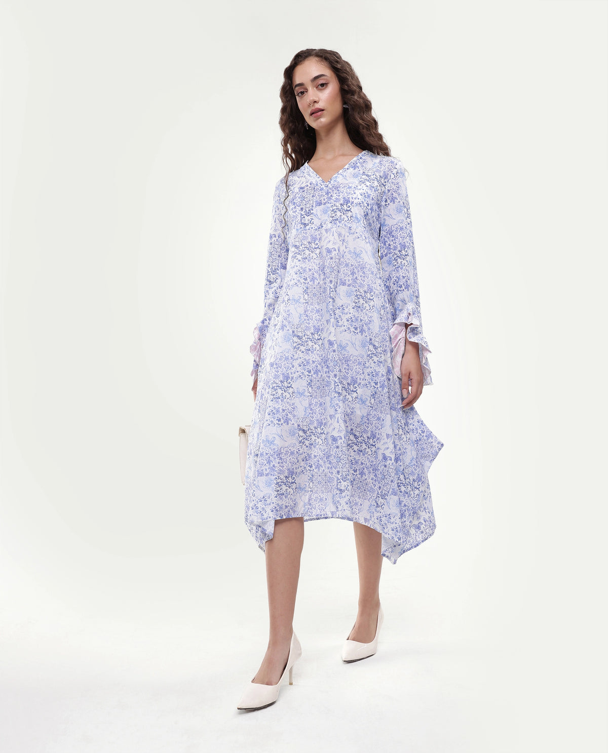Rareism Women's Cherish Blue Cotton V-Neck Floral Print Knee Length Regular Fit Dress