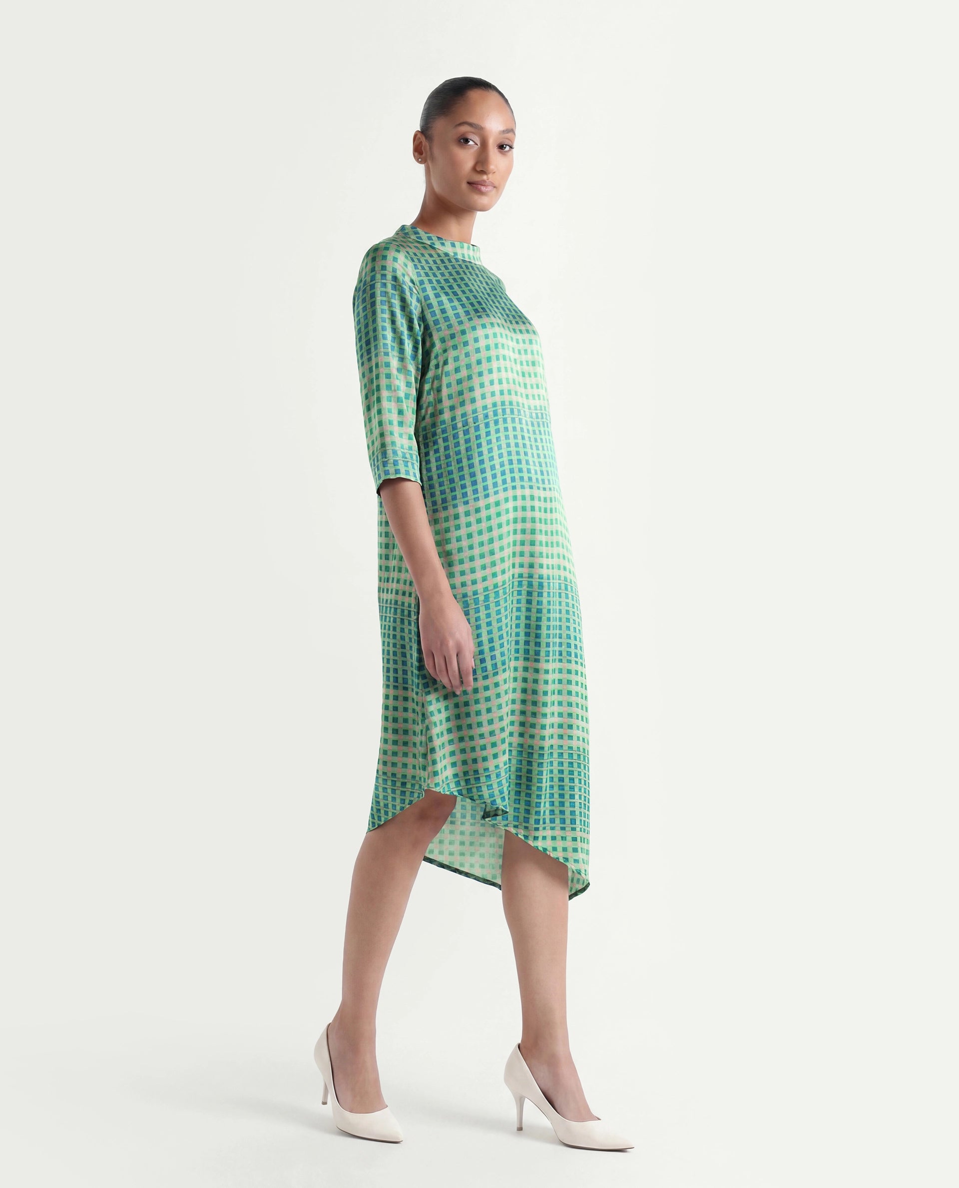 Rareism Women's Gleam Green Polyester High Neck Geometric Print Knee Length Regular Fit Dress