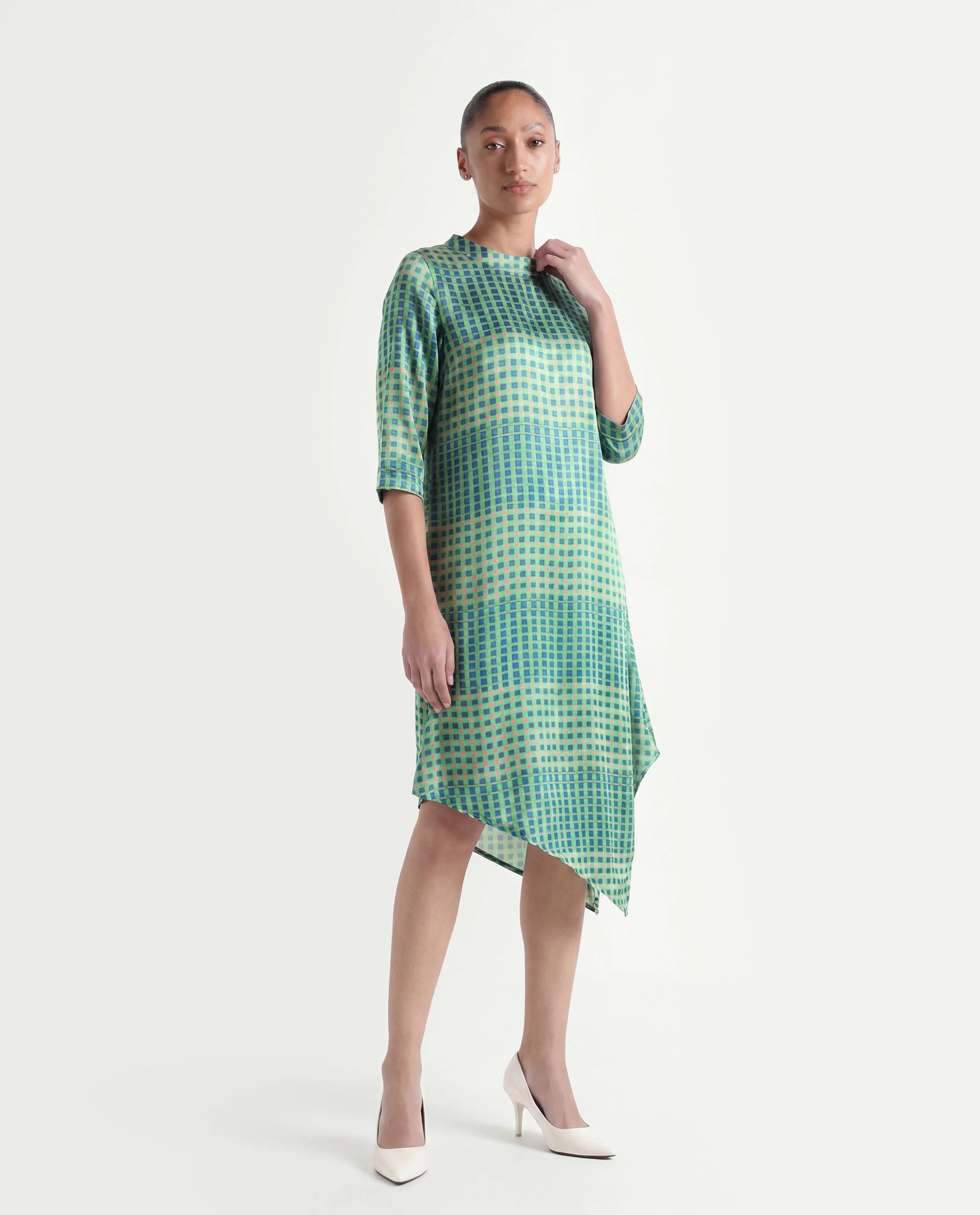 Rareism Women's Gleam Green Polyester High Neck Geometric Print Knee Length Regular Fit Dress