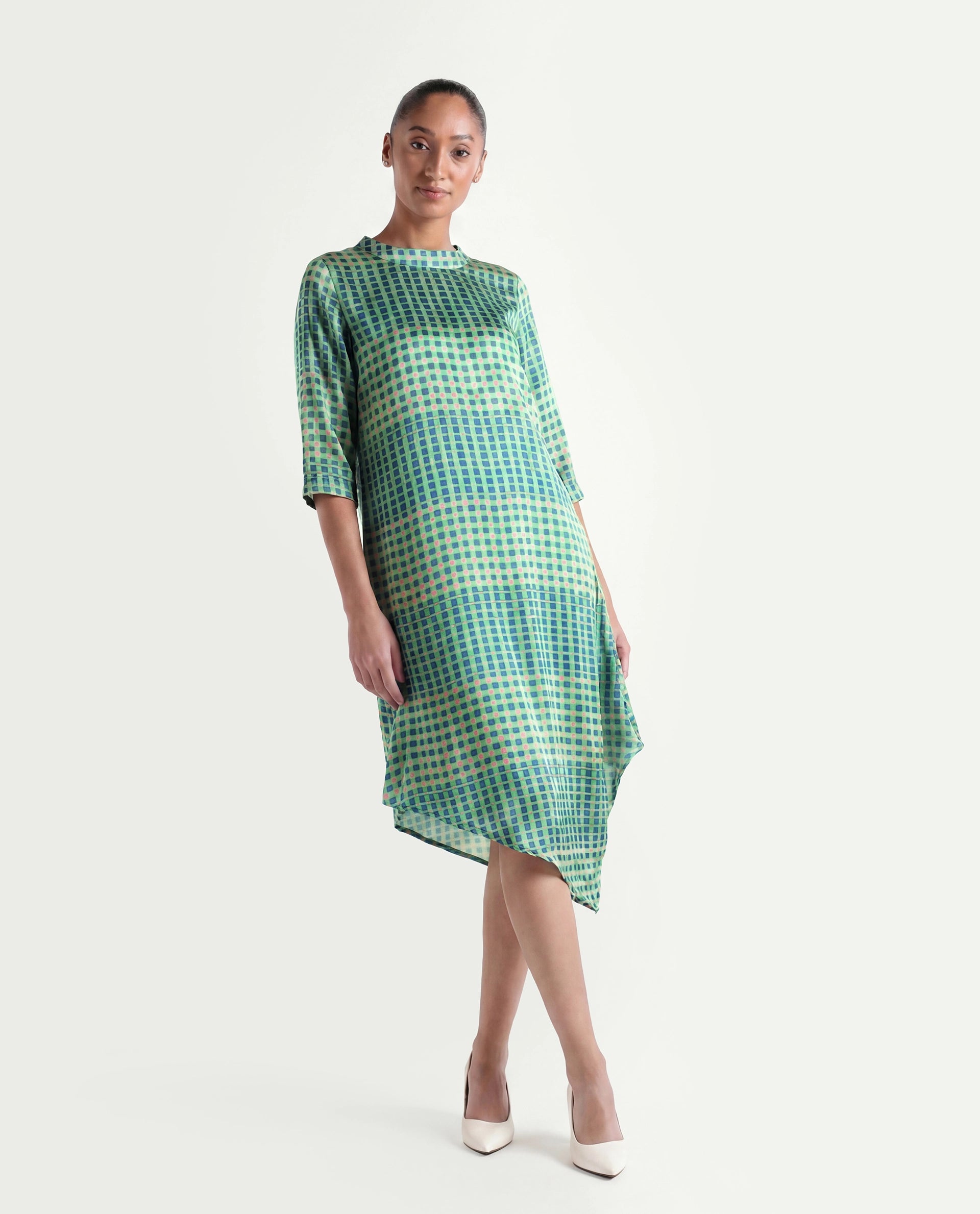 Rareism Women's Gleam Green Polyester High Neck Geometric Print Knee Length Regular Fit Dress