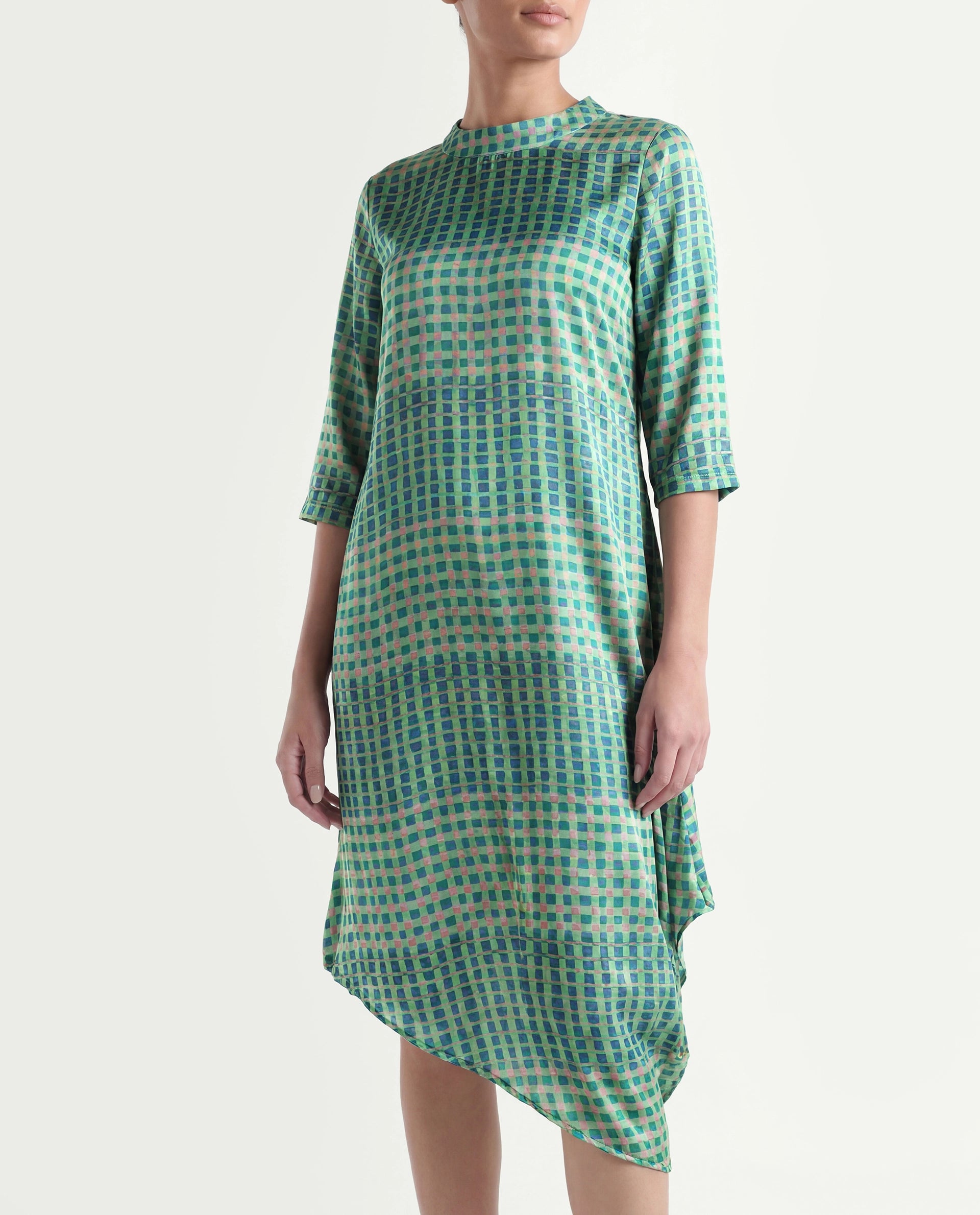 Rareism Women's Gleam Green Polyester High Neck Geometric Print Knee Length Regular Fit Dress