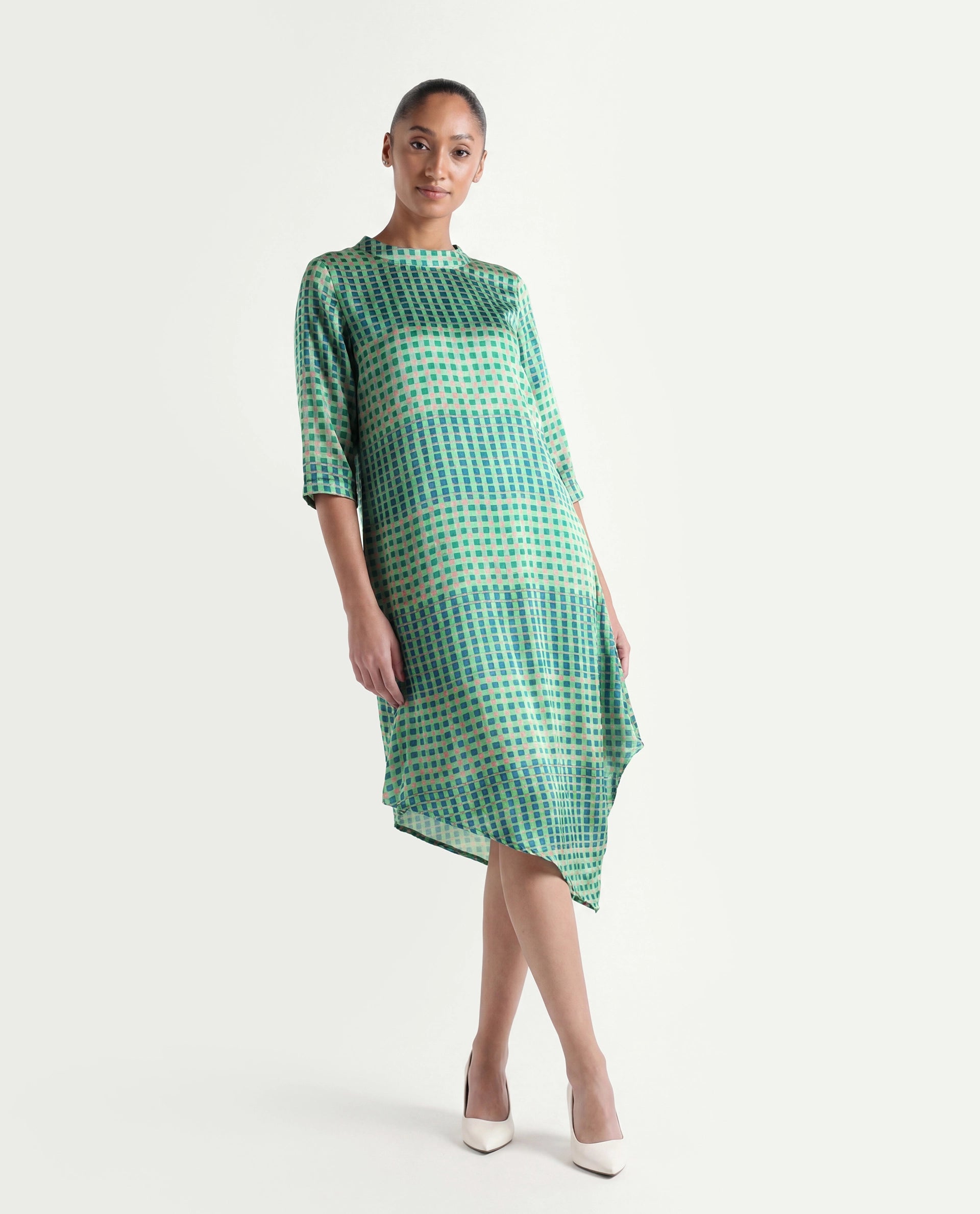 Rareism Women's Gleam Green Polyester High Neck Geometric Print Knee Length Regular Fit Dress