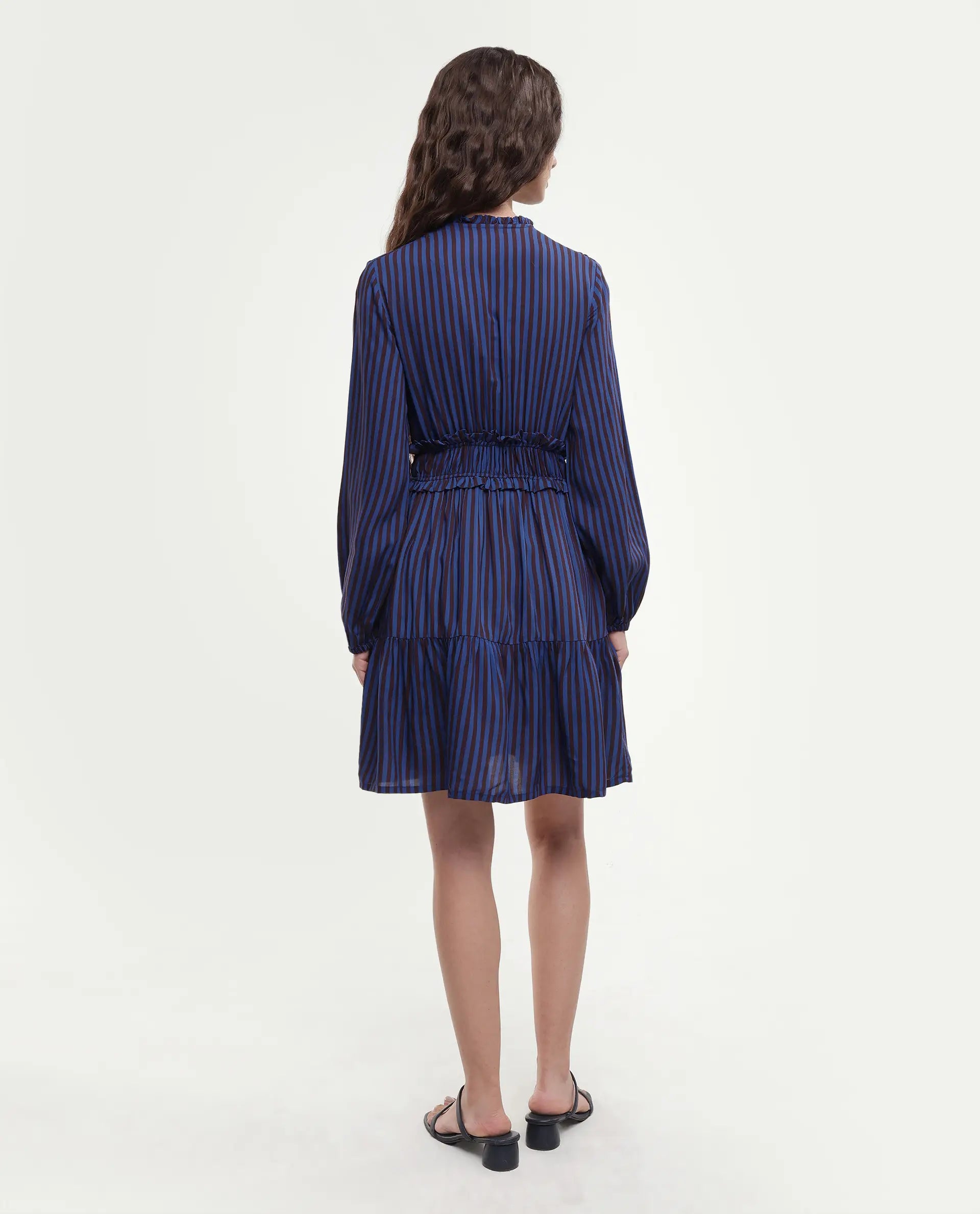 Rareism Women's Loretta Blue Viscose Mandarin Collar Striped Mini Regular Fit Dress