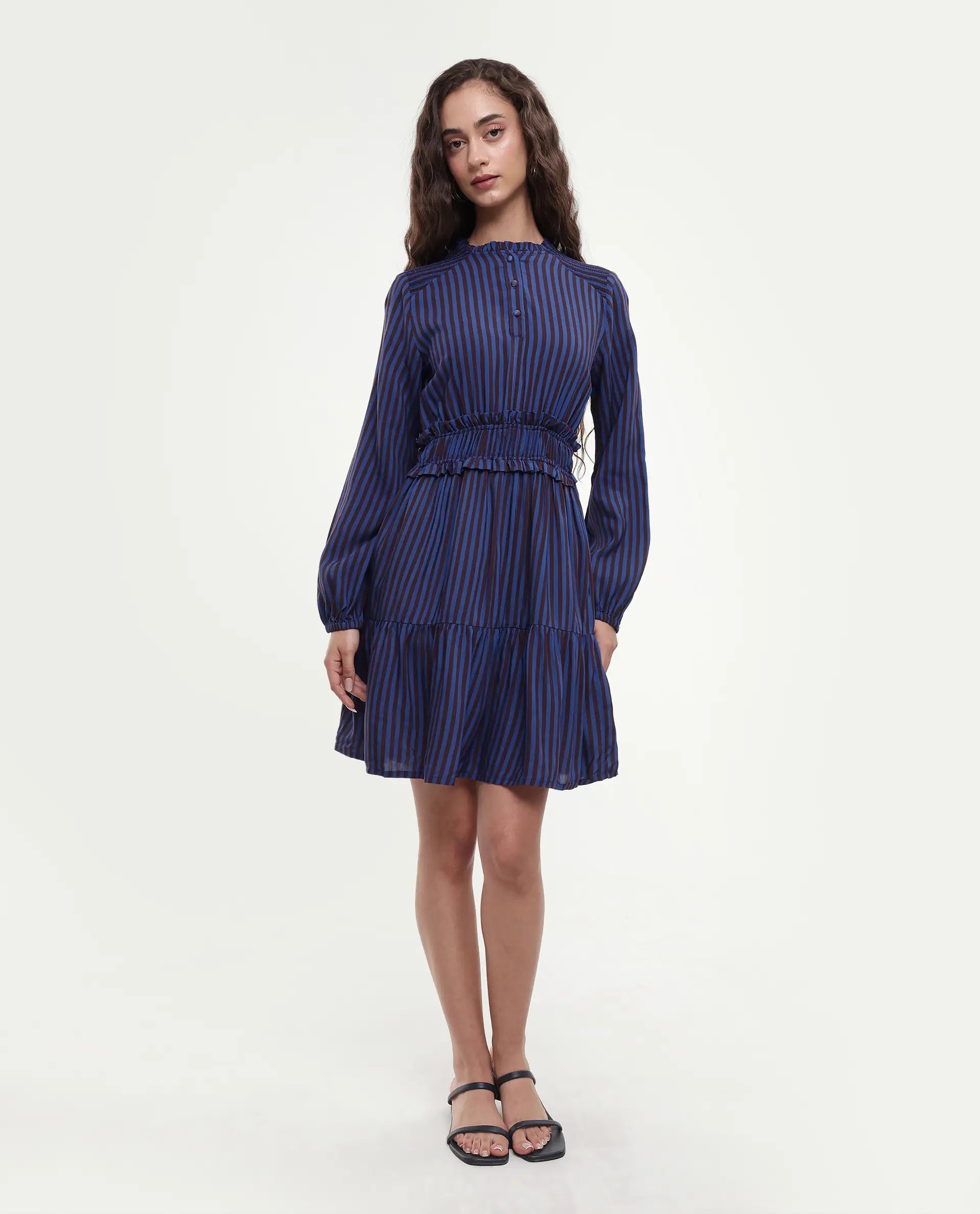 Rareism Women's Loretta Blue Viscose Mandarin Collar Striped Mini Regular Fit Dress
