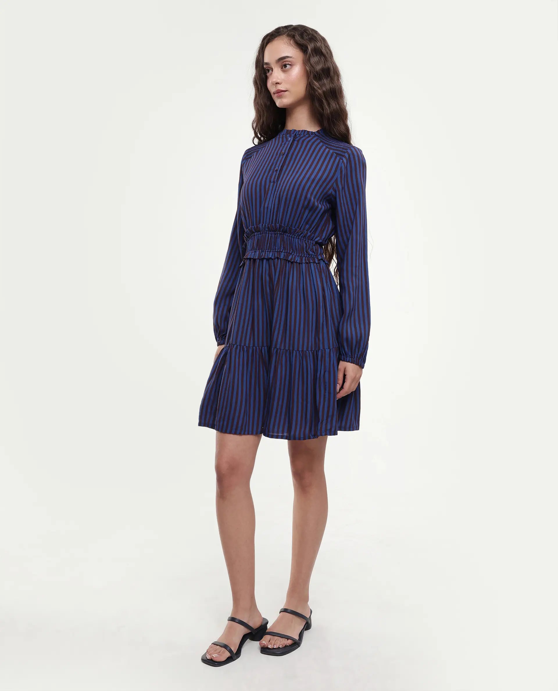 Rareism Women's Loretta Blue Viscose Mandarin Collar Striped Mini Regular Fit Dress