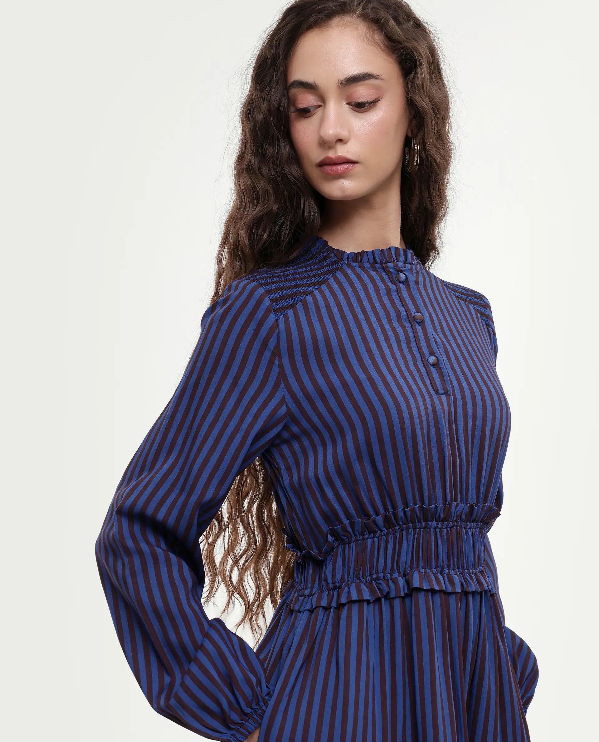 Rareism Women's Loretta Blue Viscose Mandarin Collar Striped Mini Regular Fit Dress