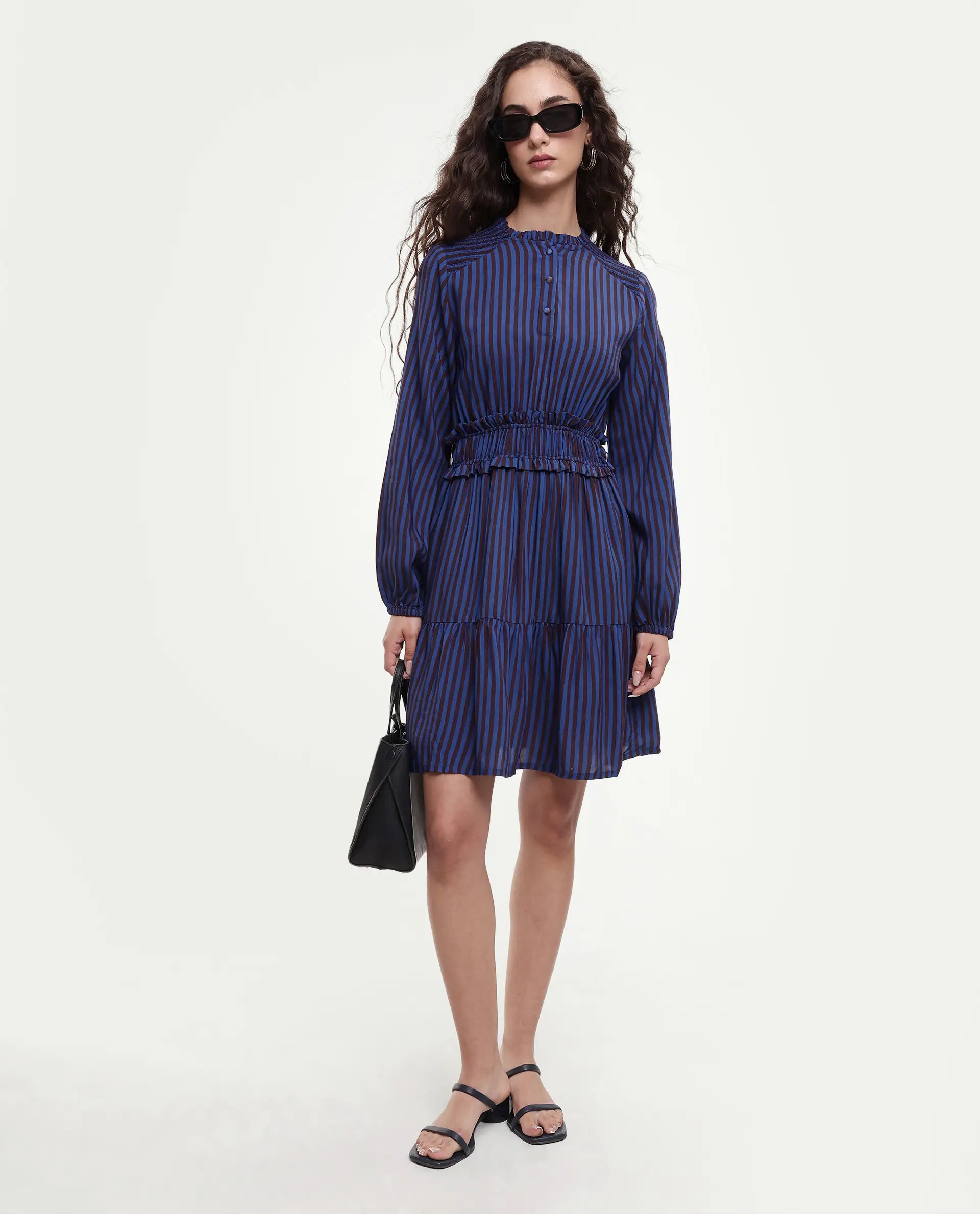 Rareism Women's Loretta Blue Viscose Mandarin Collar Striped Mini Regular Fit Dress