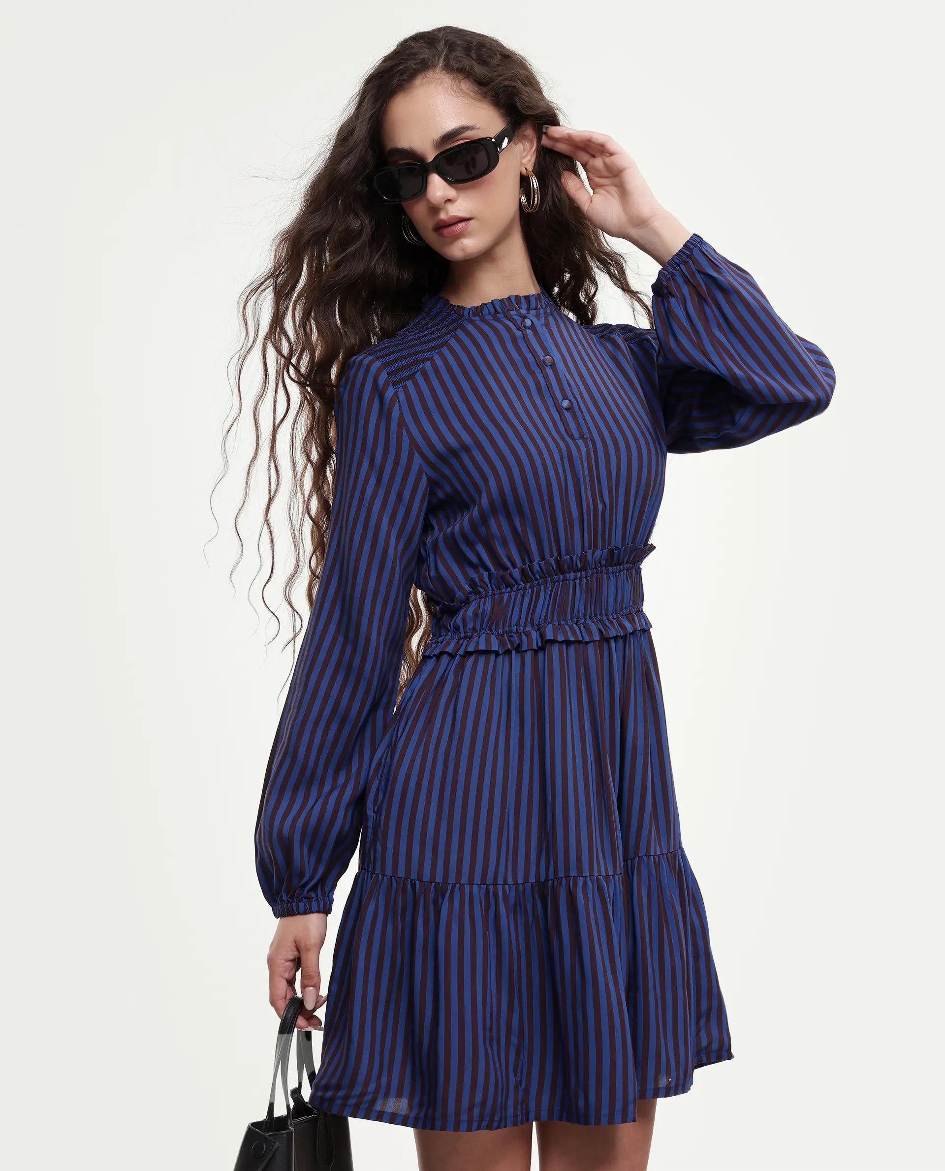 Rareism Women's Loretta Blue Viscose Mandarin Collar Striped Mini Regular Fit Dress