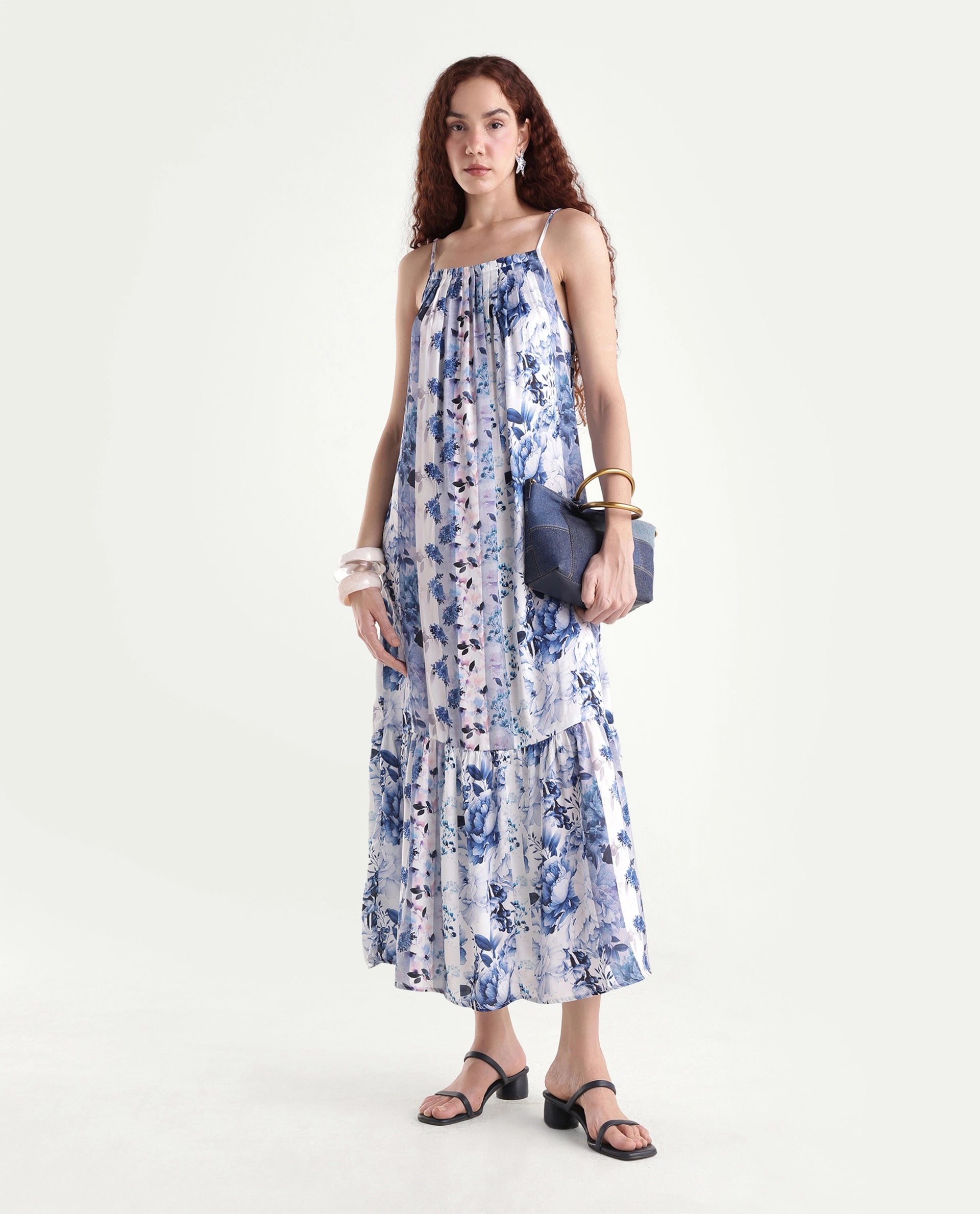 Rareism Women's Macy Blue Polyester Shoulder Strap Floral Print Shoulder Strap Maxi Regular Fit Dress