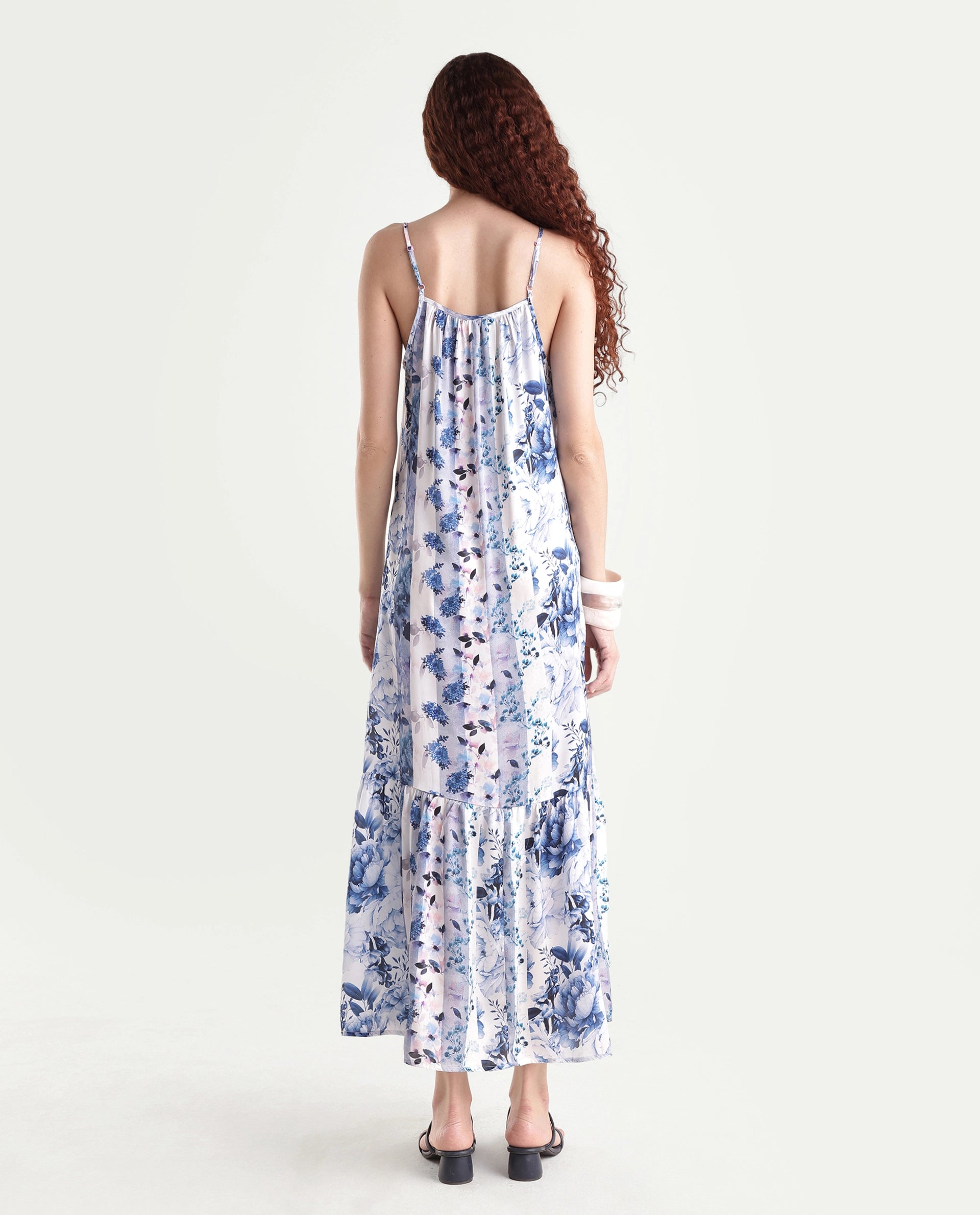 Rareism Women's Macy Blue Polyester Shoulder Strap Floral Print Shoulder Strap Maxi Regular Fit Dress