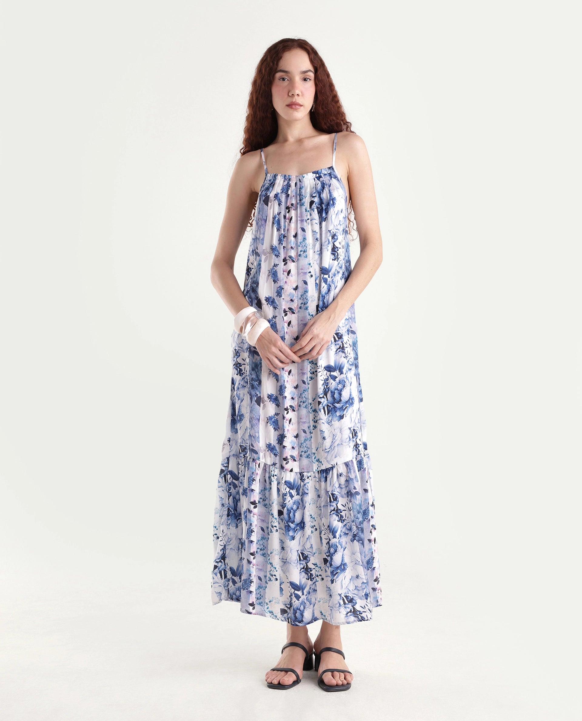 Rareism Women's Macy Blue Polyester Shoulder Strap Floral Print Shoulder Strap Maxi Regular Fit Dress