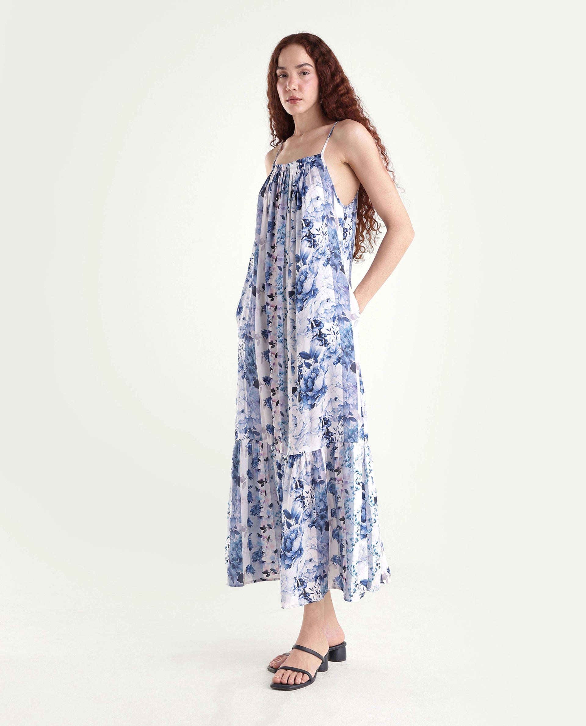 Rareism Women's Macy Blue Polyester Shoulder Strap Floral Print Shoulder Strap Maxi Regular Fit Dress