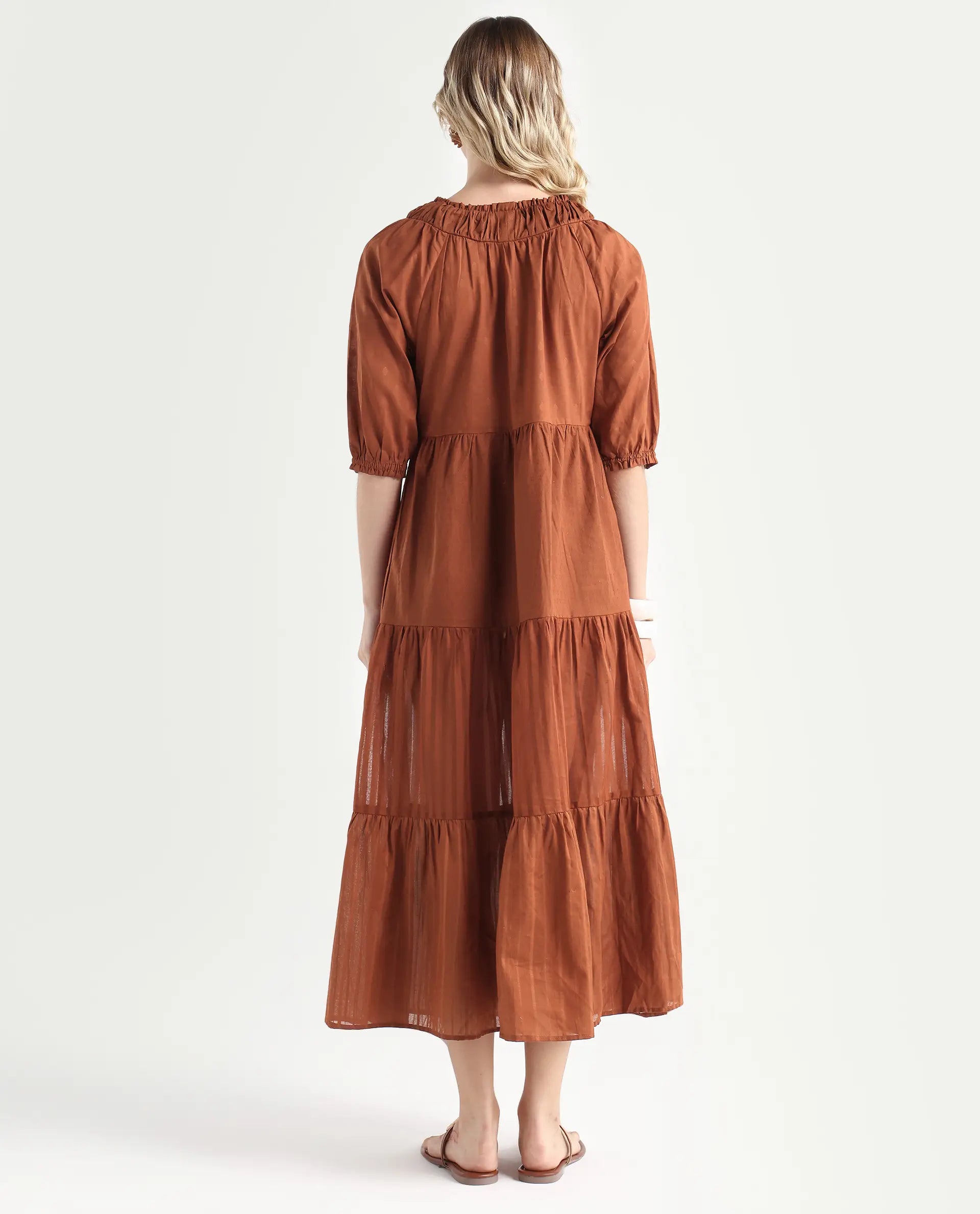 Rareism Women's Myle Brown Cotton Tie-Up Neck Plain Puff Sleeves Knee Length Regular Fit Dress