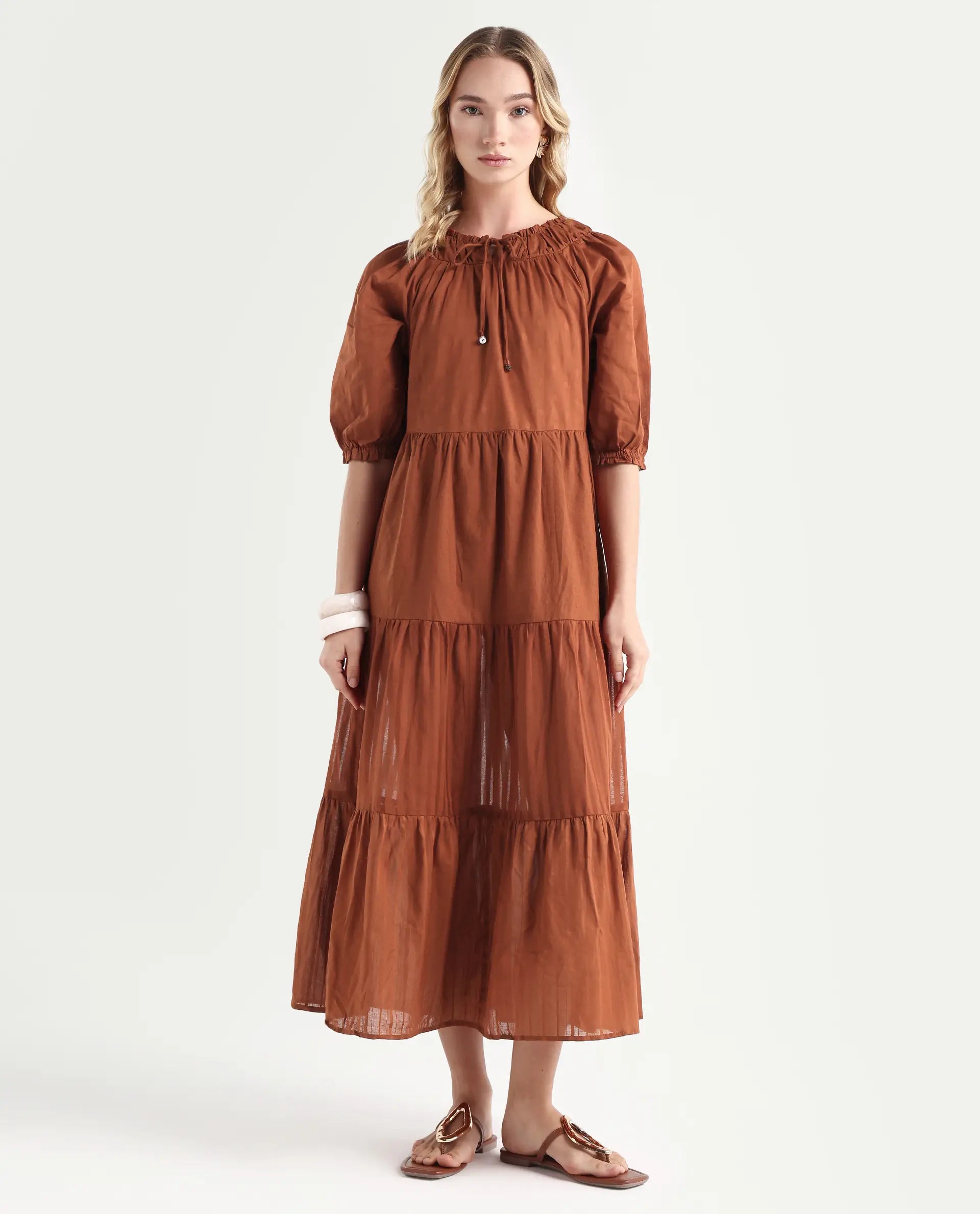 Rareism Women's Myle Brown Cotton Tie-Up Neck Plain Puff Sleeves Knee Length Regular Fit Dress
