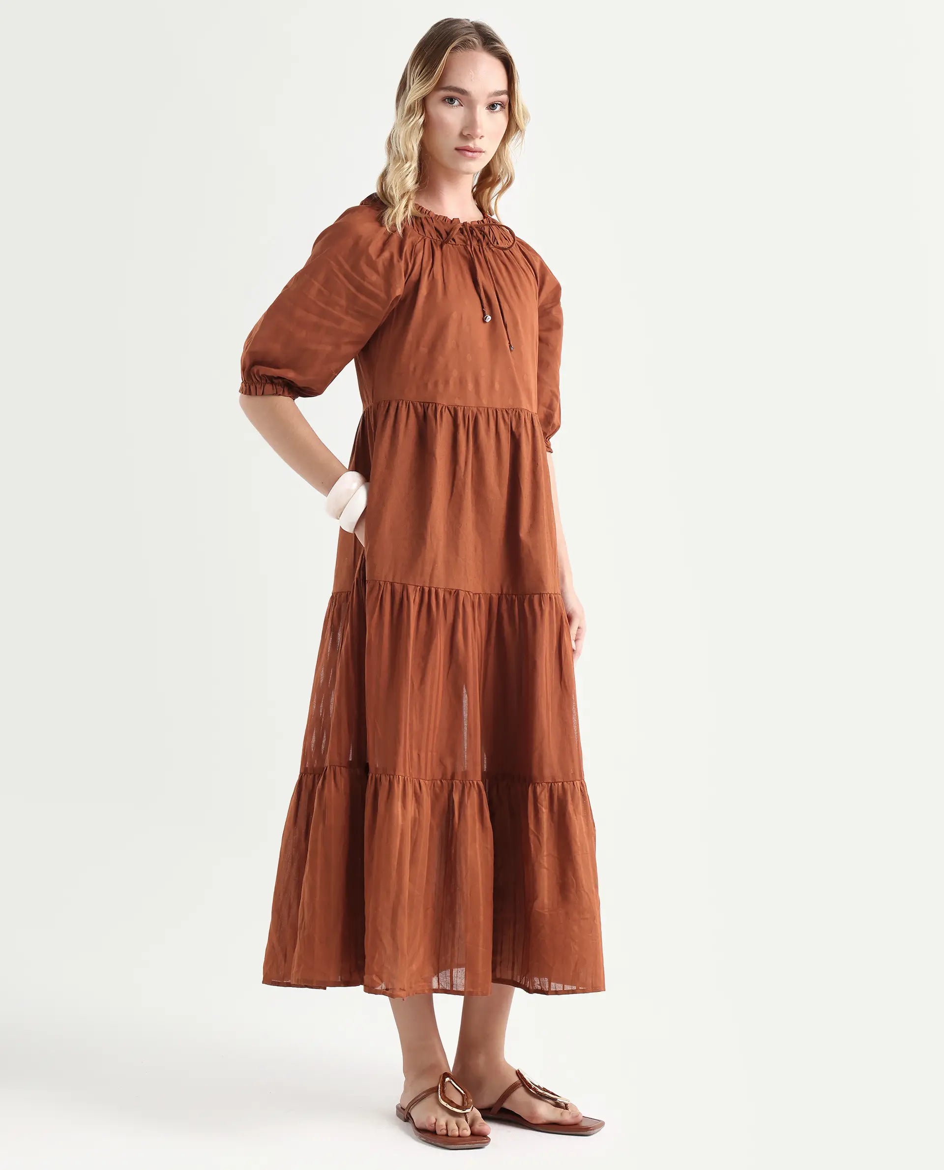 Rareism Women's Myle Brown Cotton Tie-Up Neck Plain Puff Sleeves Knee Length Regular Fit Dress