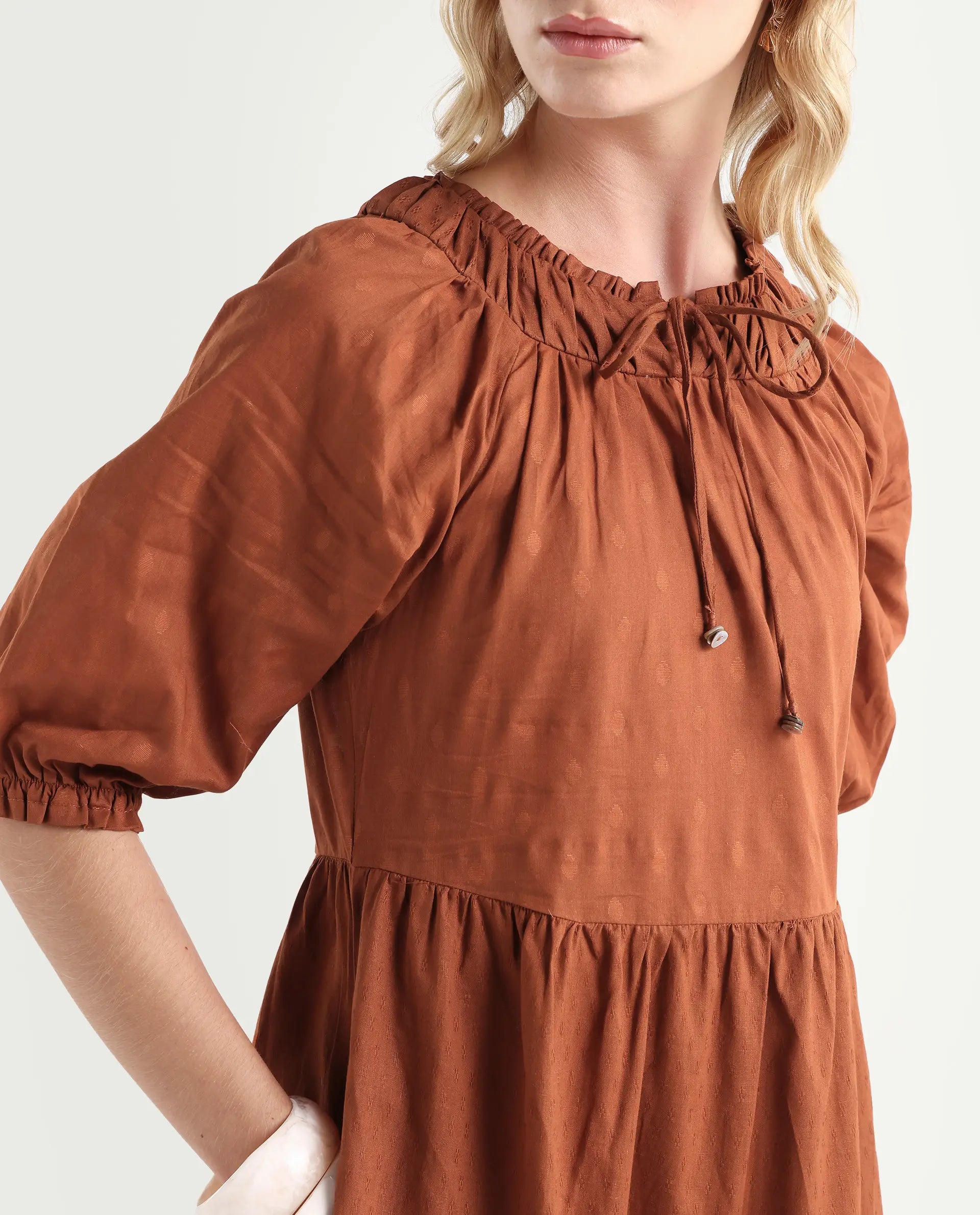 Rareism Women's Myle Brown Cotton Tie-Up Neck Plain Puff Sleeves Knee Length Regular Fit Dress