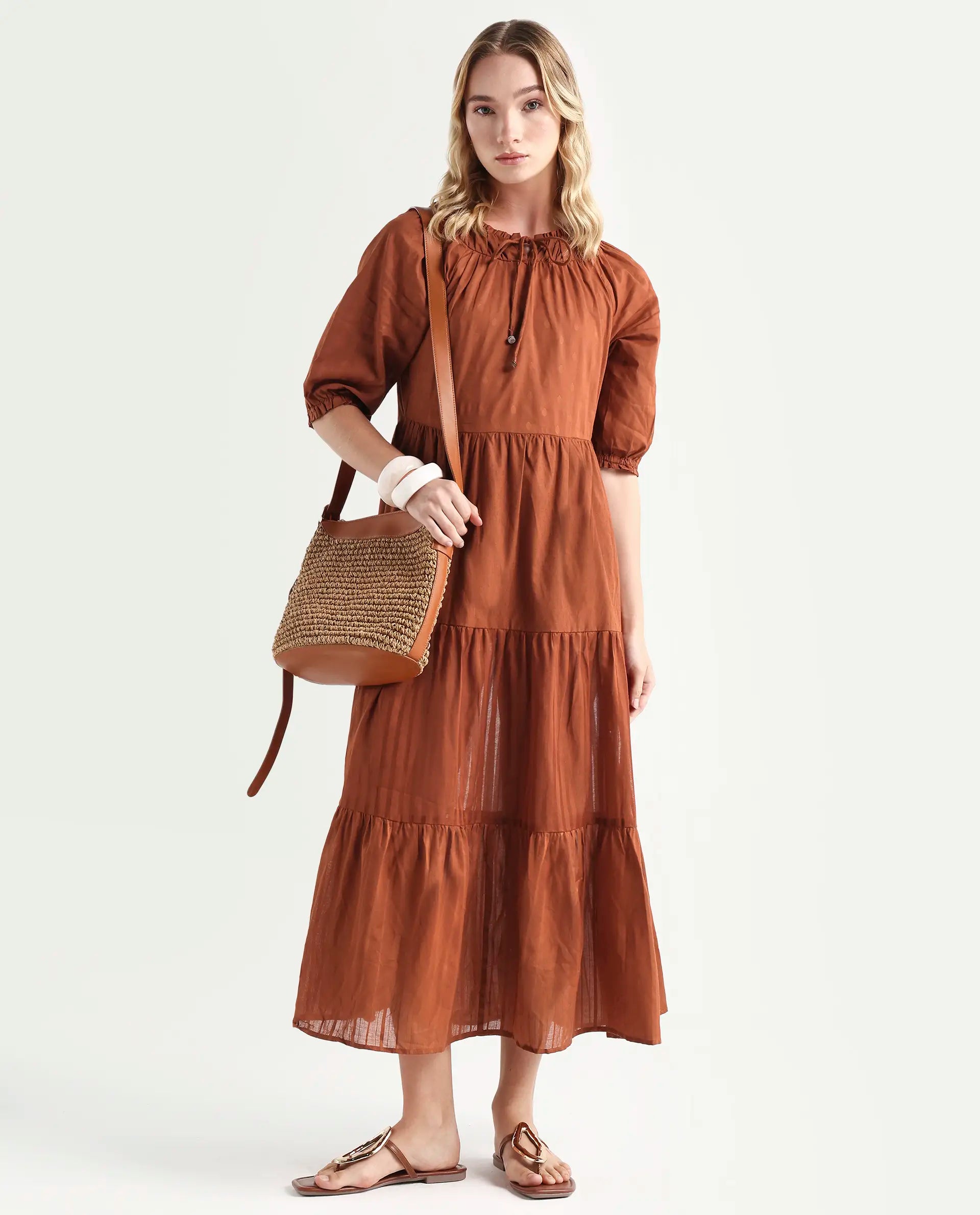 Rareism Women's Myle Brown Cotton Tie-Up Neck Plain Puff Sleeves Knee Length Regular Fit Dress