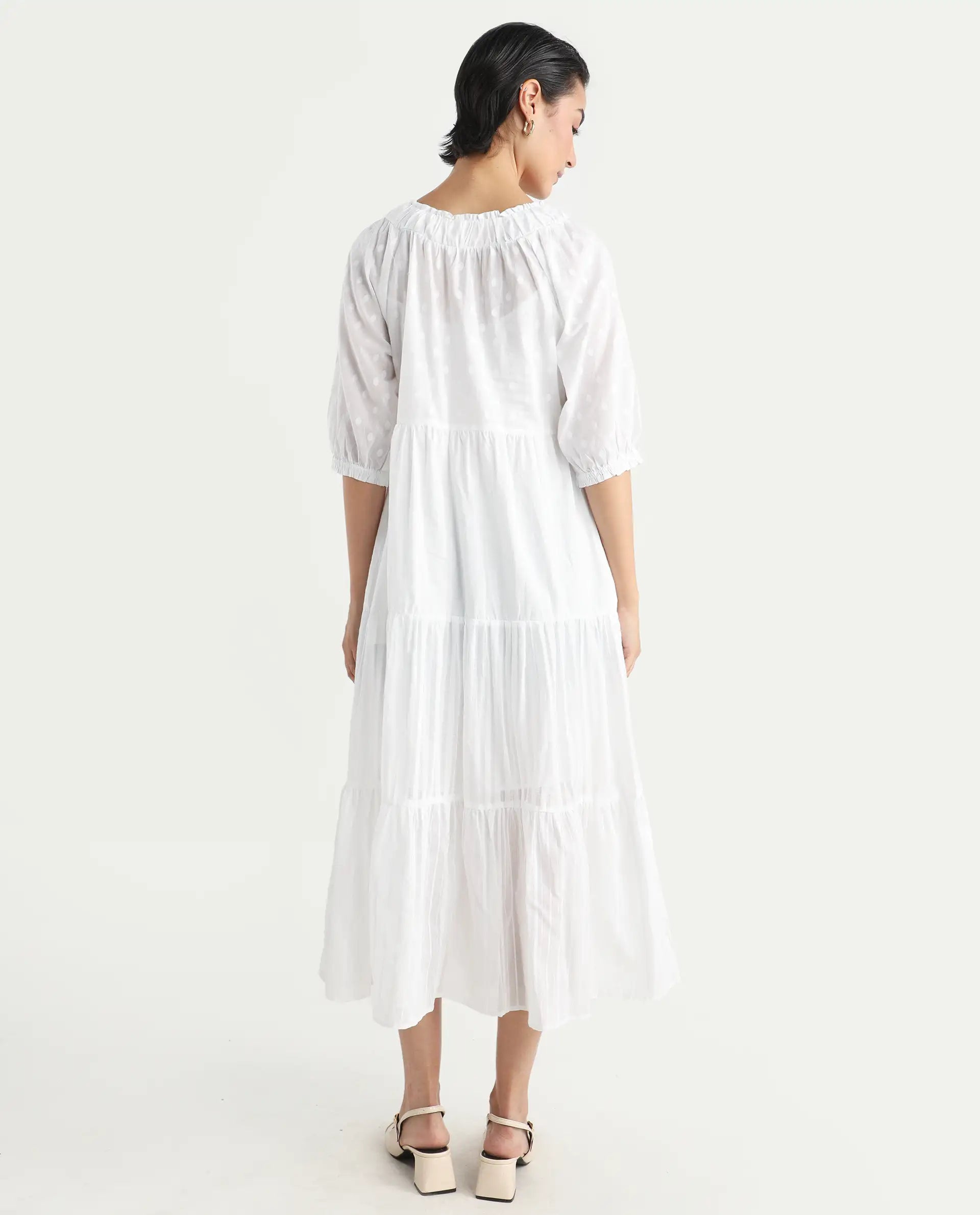 Rareism Women's Myle White Cotton Tie-Up Neck Plain Puff Sleeves Knee Length Regular Fit Dress