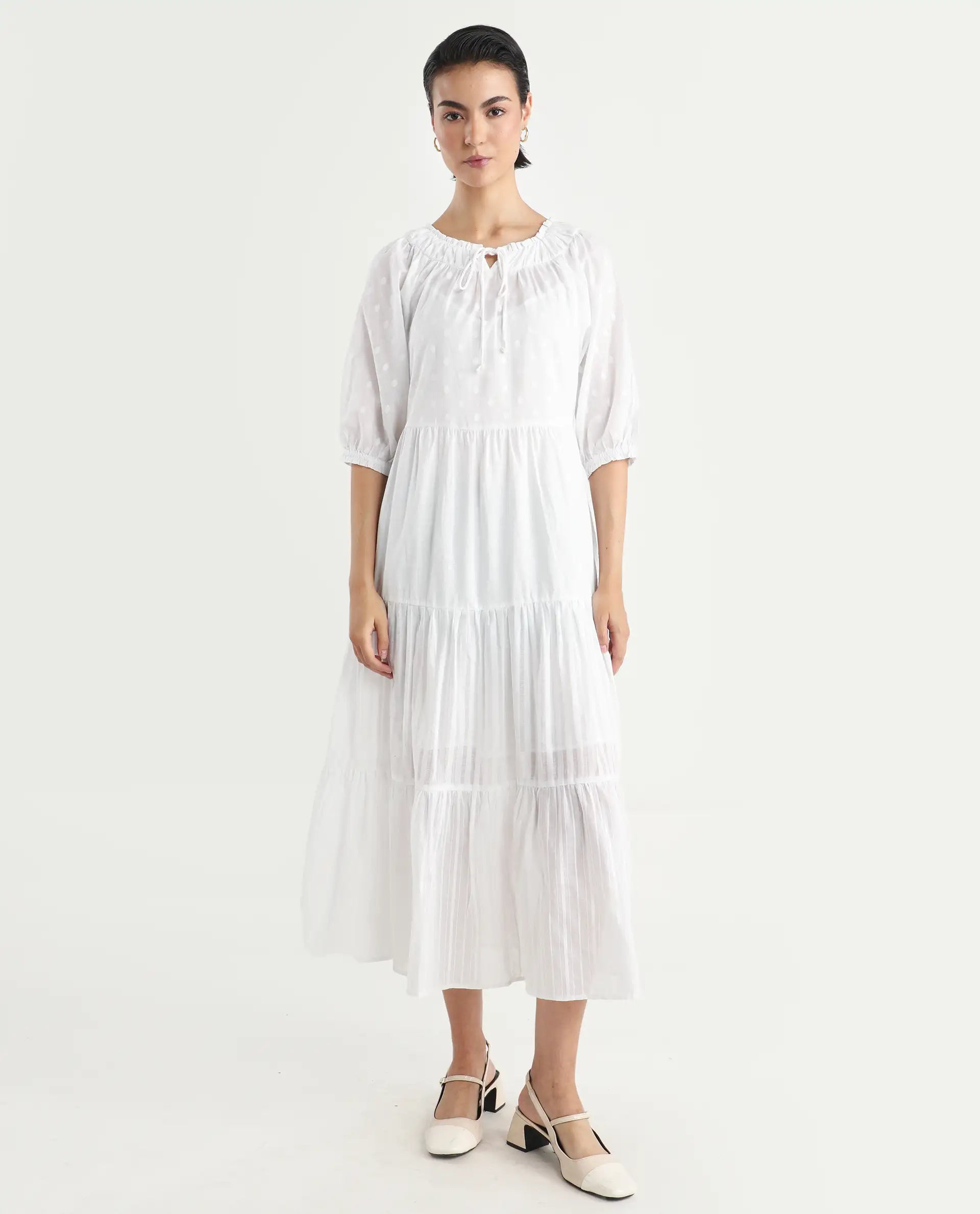 Rareism Women's Myle White Cotton Tie-Up Neck Plain Puff Sleeves Knee Length Regular Fit Dress