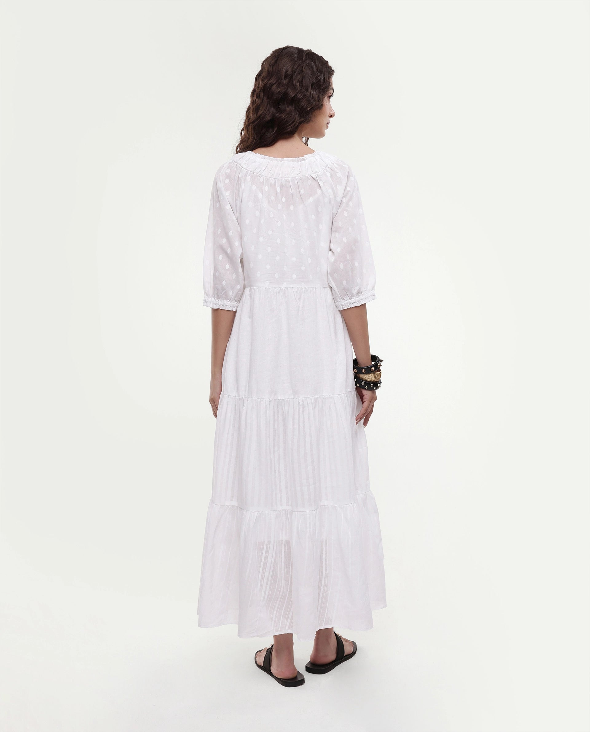 Rareism Women's Myle White Cotton Tie-Up Neck Plain Puff Sleeves Knee Length Regular Fit Dress