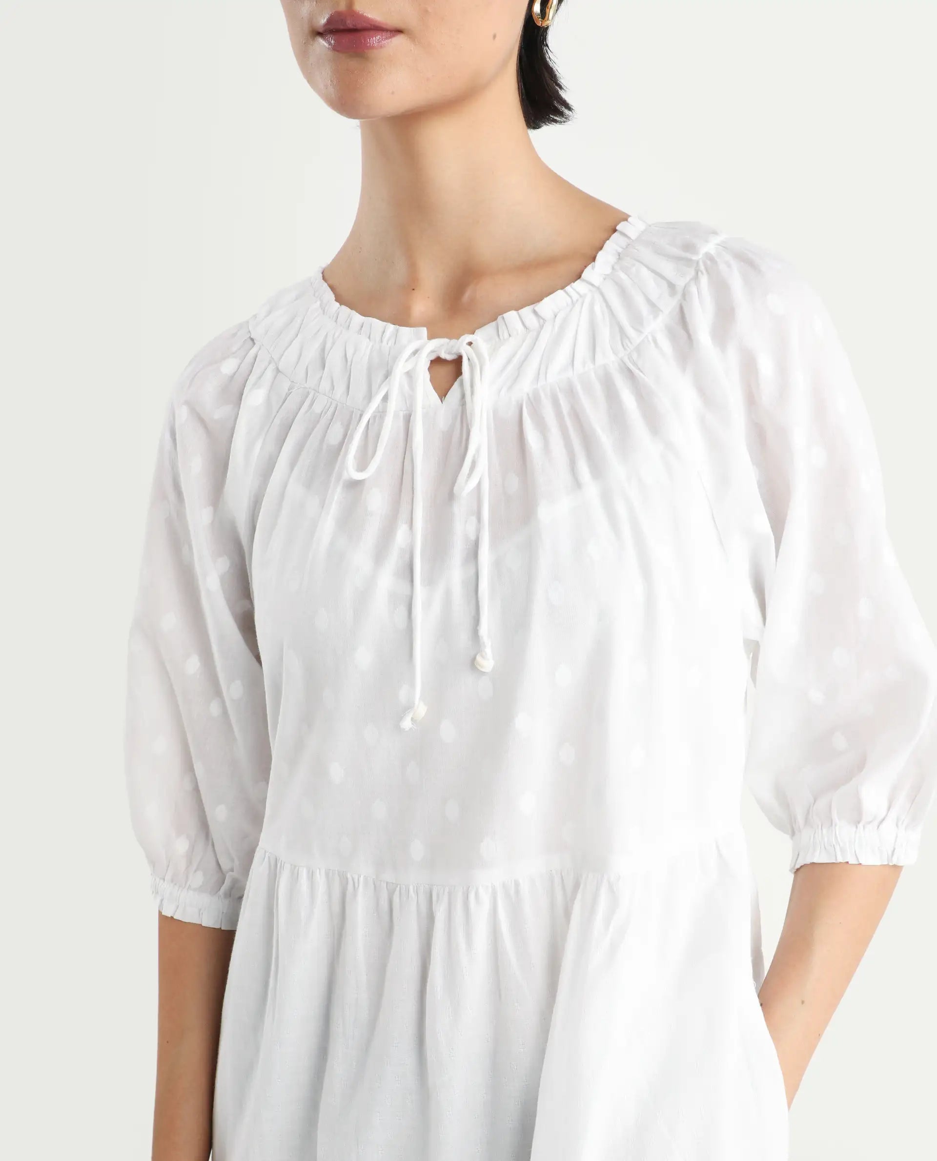 Rareism Women's Myle White Cotton Tie-Up Neck Plain Puff Sleeves Knee Length Regular Fit Dress
