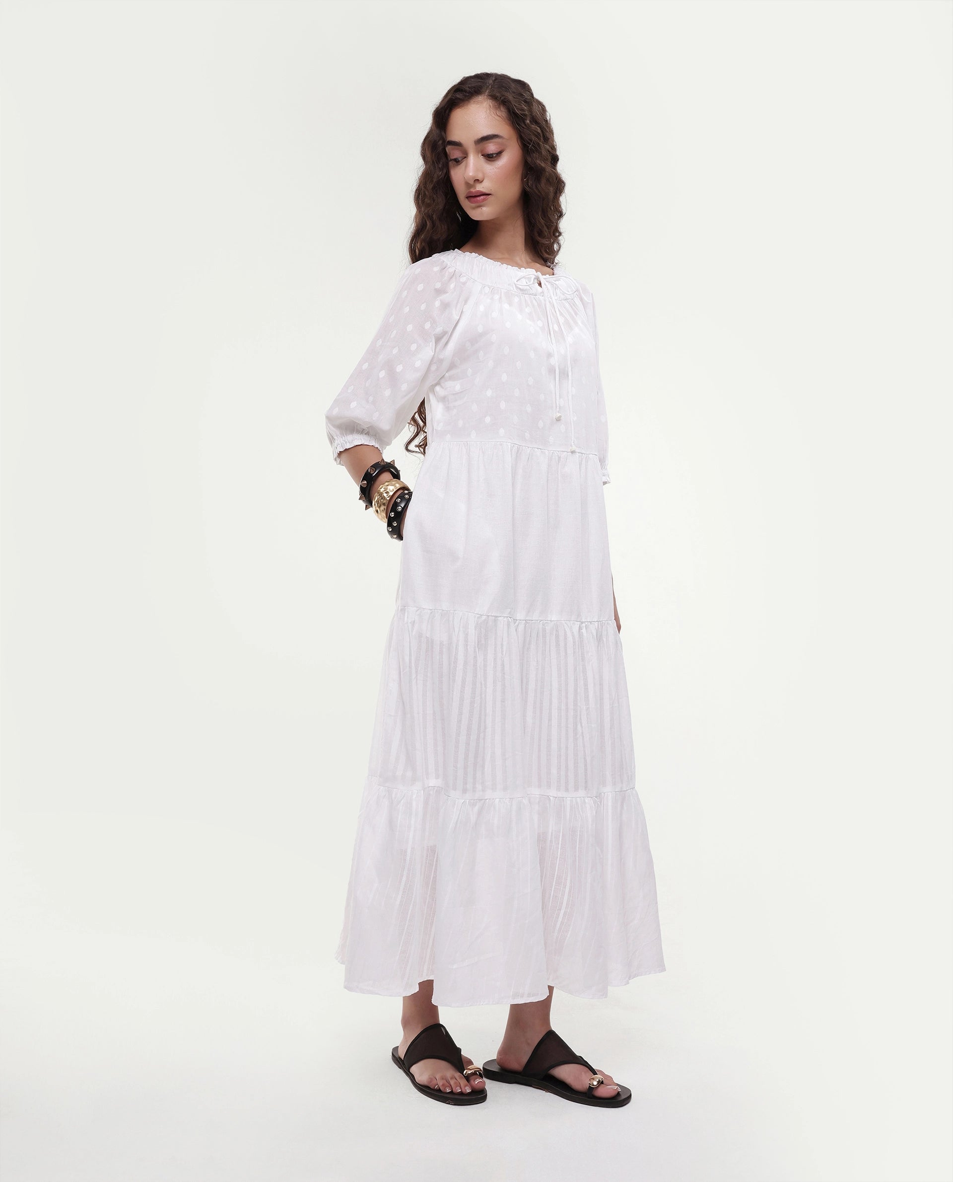 Rareism Women's Myle White Cotton Tie-Up Neck Plain Puff Sleeves Knee Length Regular Fit Dress
