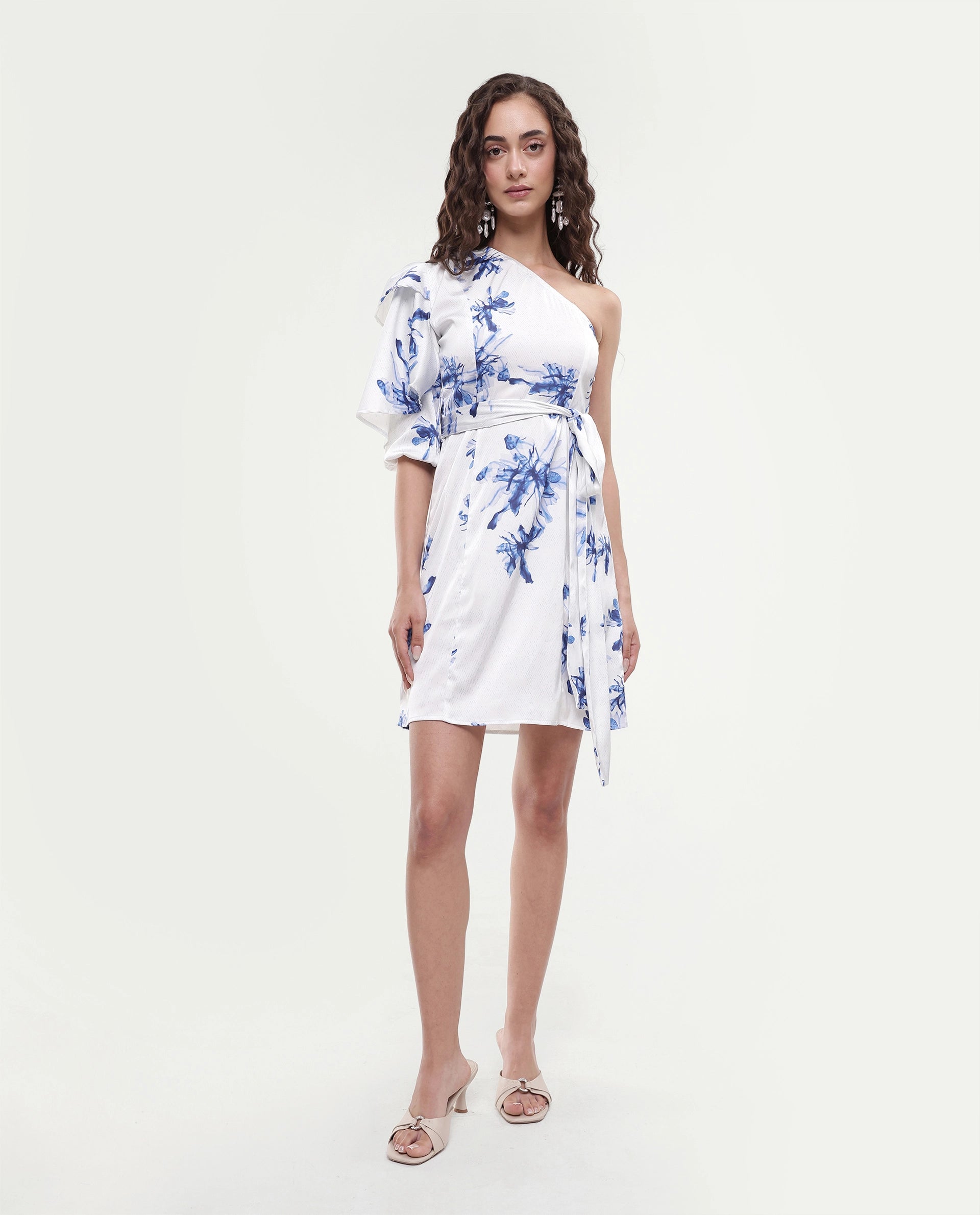 Rareism Women's Winnie White Modal One Shoulder Floral Print Puff Sleeves Knee Length Slim Fit Dress