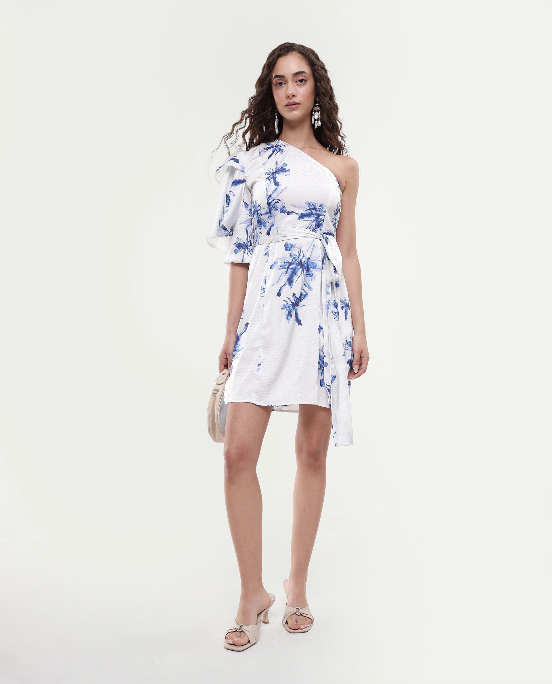 Rareism Women's Winnie White Modal One Shoulder Floral Print Puff Sleeves Knee Length Slim Fit Dress