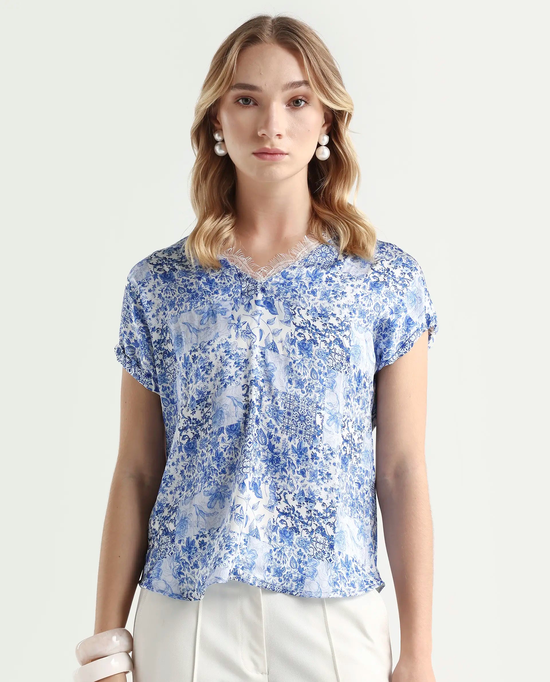Rareism Women's Annika Blue Polyester V-Neck Abstract Print Extended Sleeves Regular Fit Top