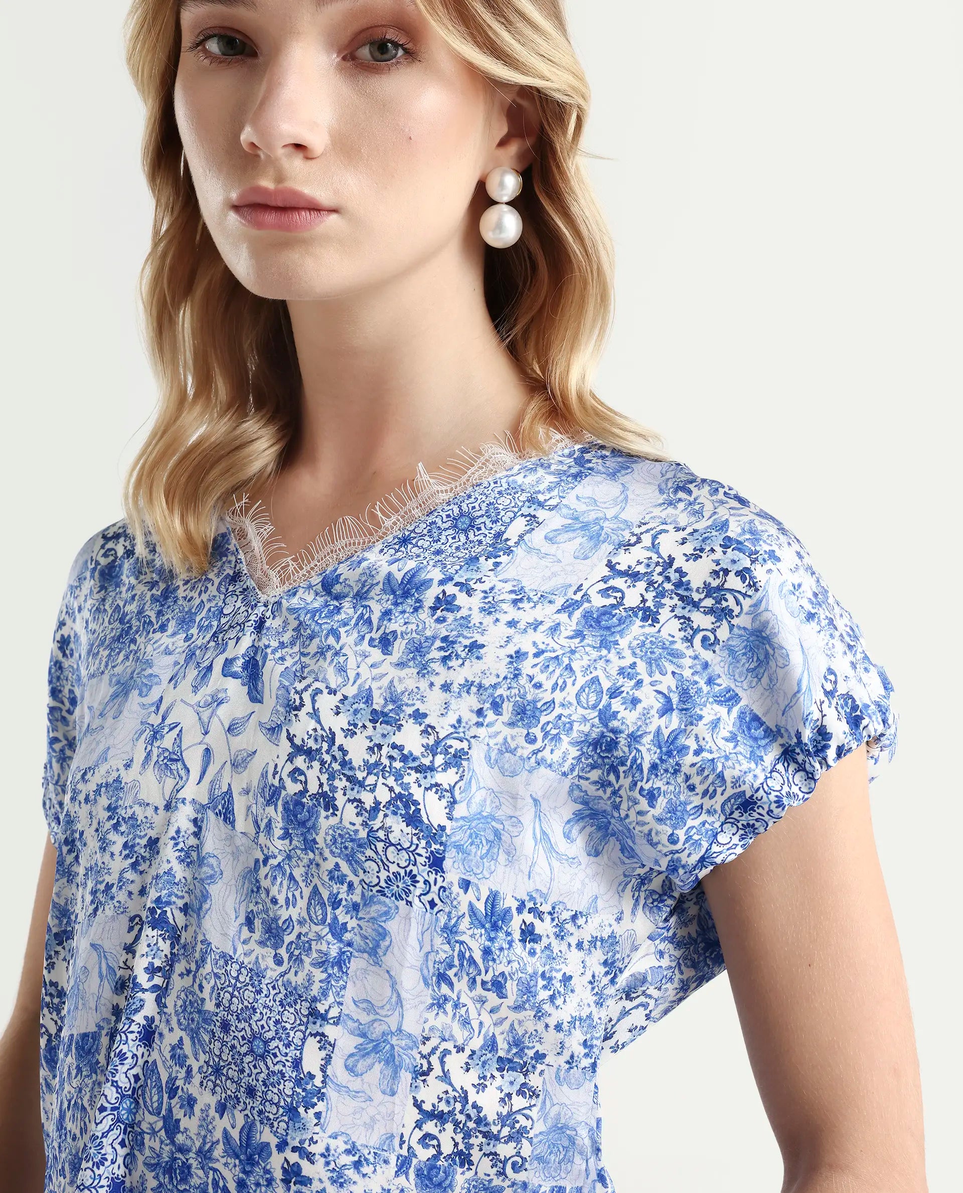 Rareism Women's Annika Blue Polyester V-Neck Abstract Print Extended Sleeves Regular Fit Top