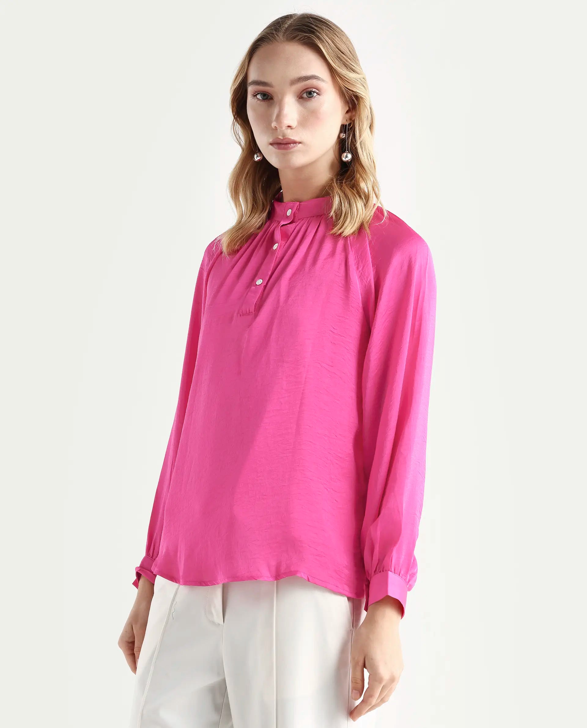 Rareism Women's Kaylinn Pink Polyester High Neck Plain Volume Sleeve Relaxed Fit Top