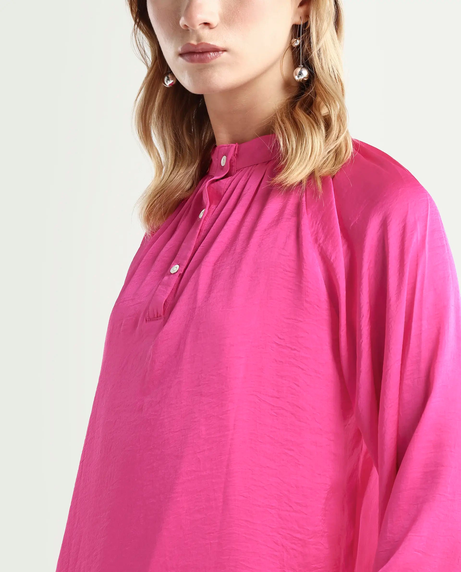 Rareism Women's Kaylinn Pink Polyester High Neck Plain Volume Sleeve Relaxed Fit Top