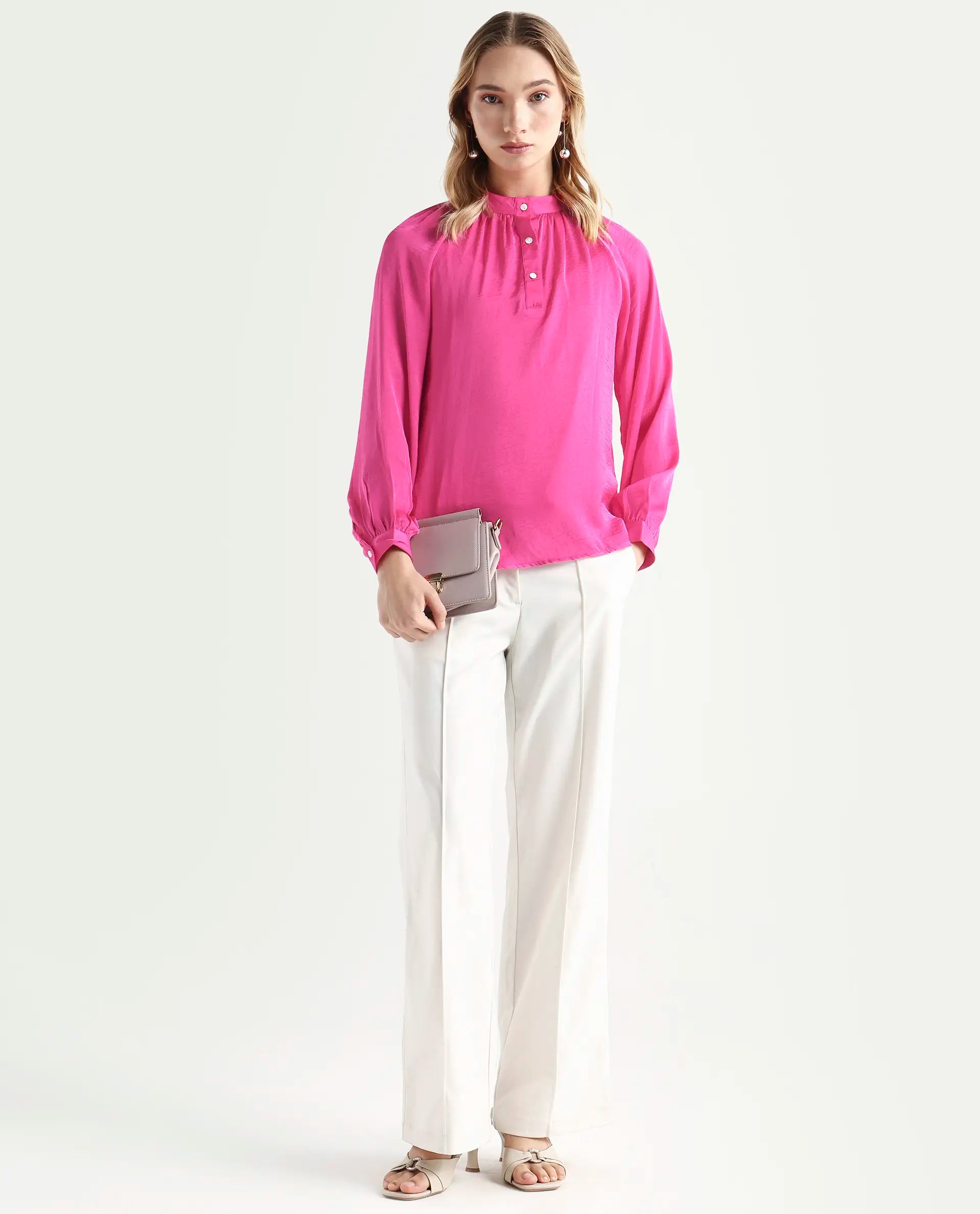 Rareism Women's Kaylinn Pink Polyester High Neck Plain Volume Sleeve Relaxed Fit Top