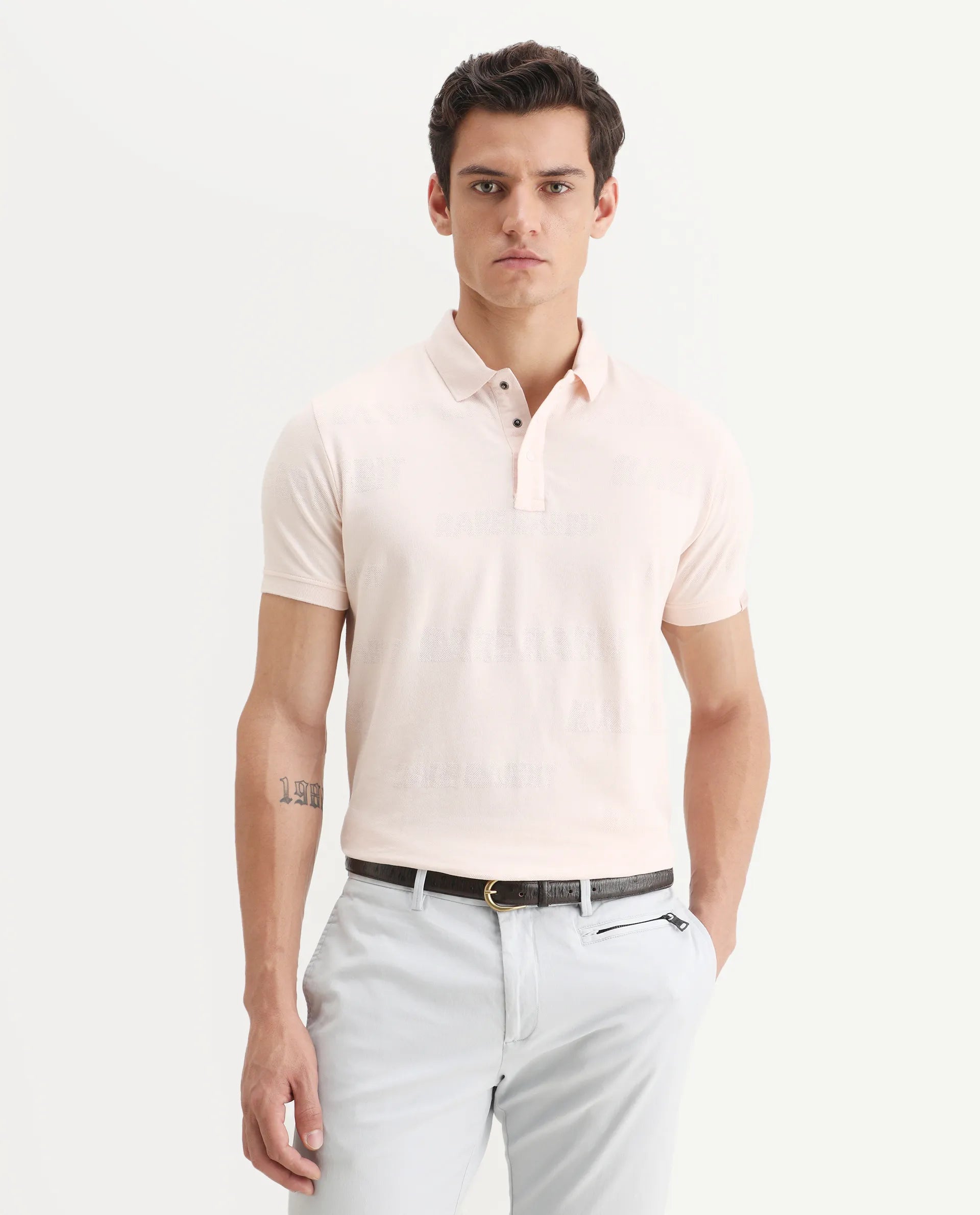 Rare Rabbit Men's Set Pink Cotton Jacquard Regular Fit Half Sleeve Polo