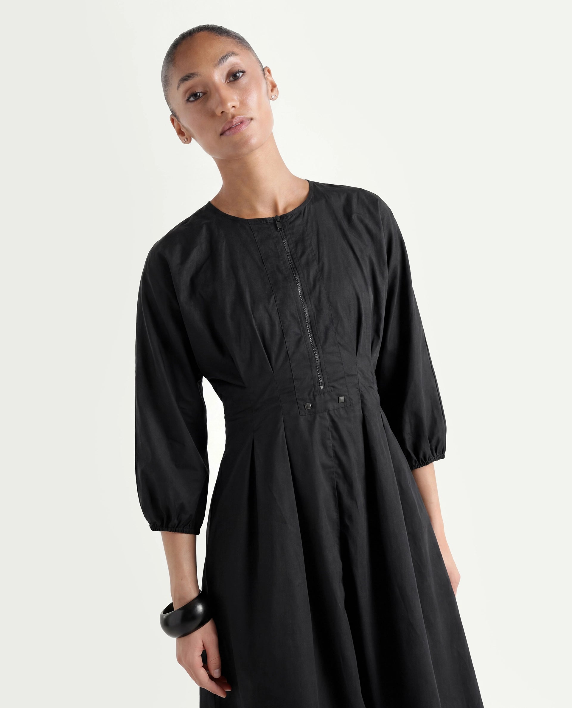 Rareism Women's Mayem Black Cotton Crew Neck Plain Volume Sleeve Knee Length Fit And Flare Dress