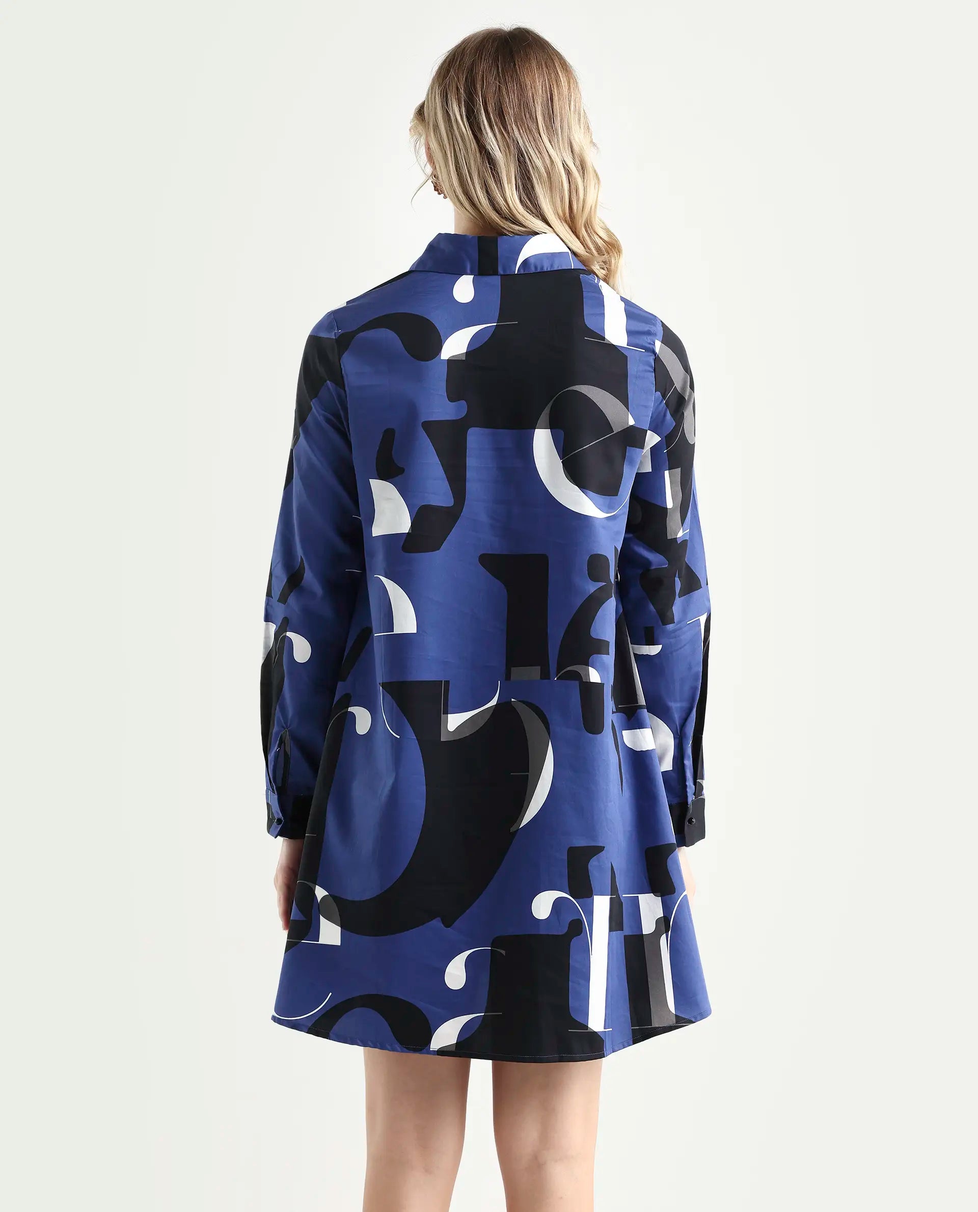 Rareism Women's Macie Blue Cotton Mandarin Collar Graphic Print Knee Length Regular Fit Dress