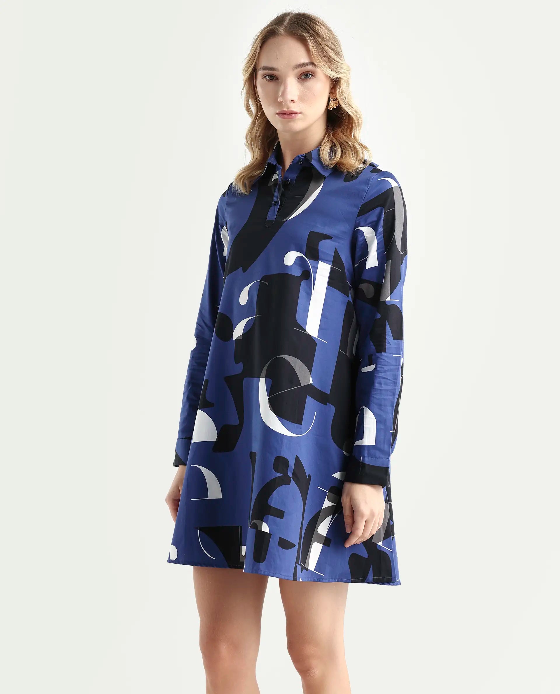 Rareism Women's Macie Blue Cotton Mandarin Collar Graphic Print Knee Length Regular Fit Dress