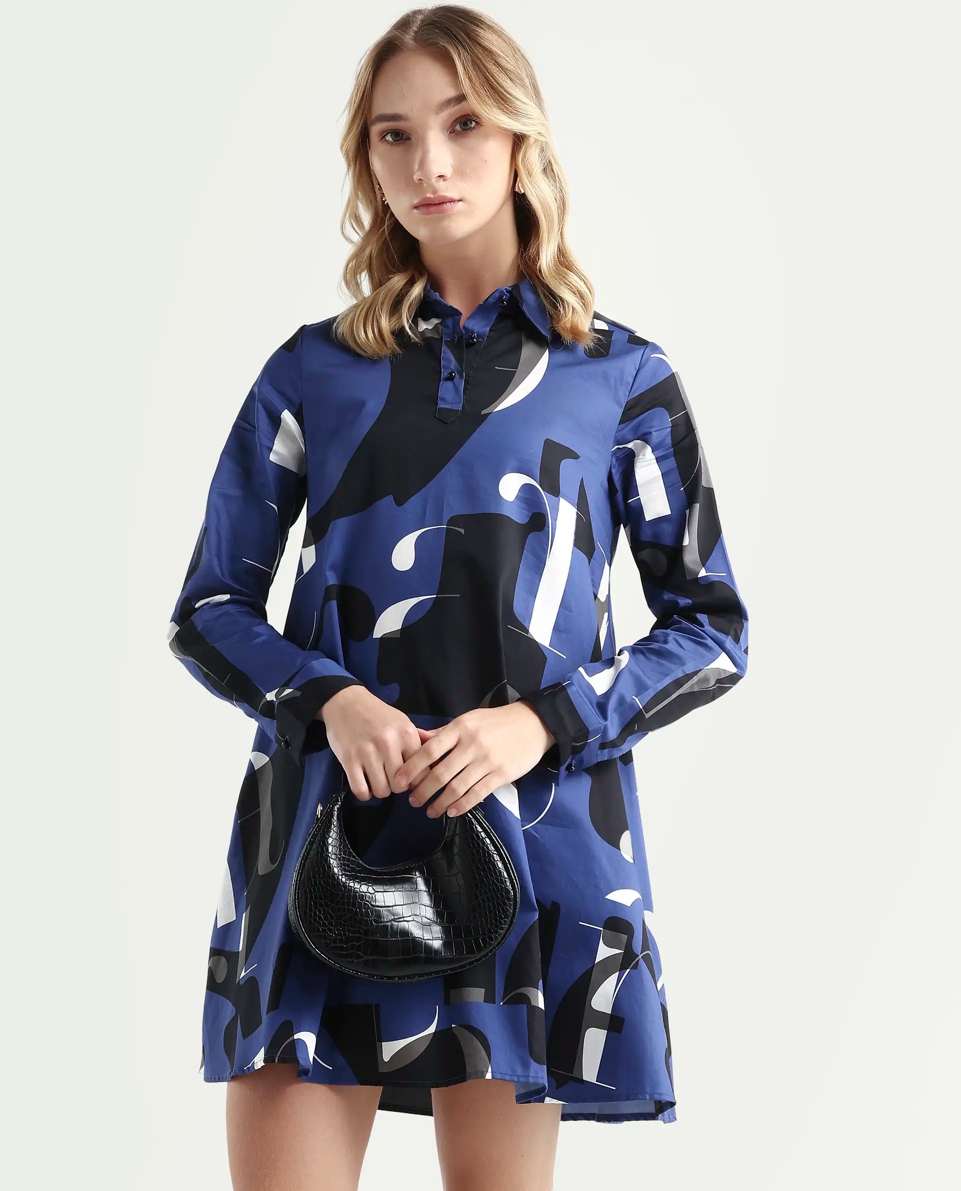 Rareism Women's Macie Blue Cotton Mandarin Collar Graphic Print Knee Length Regular Fit Dress